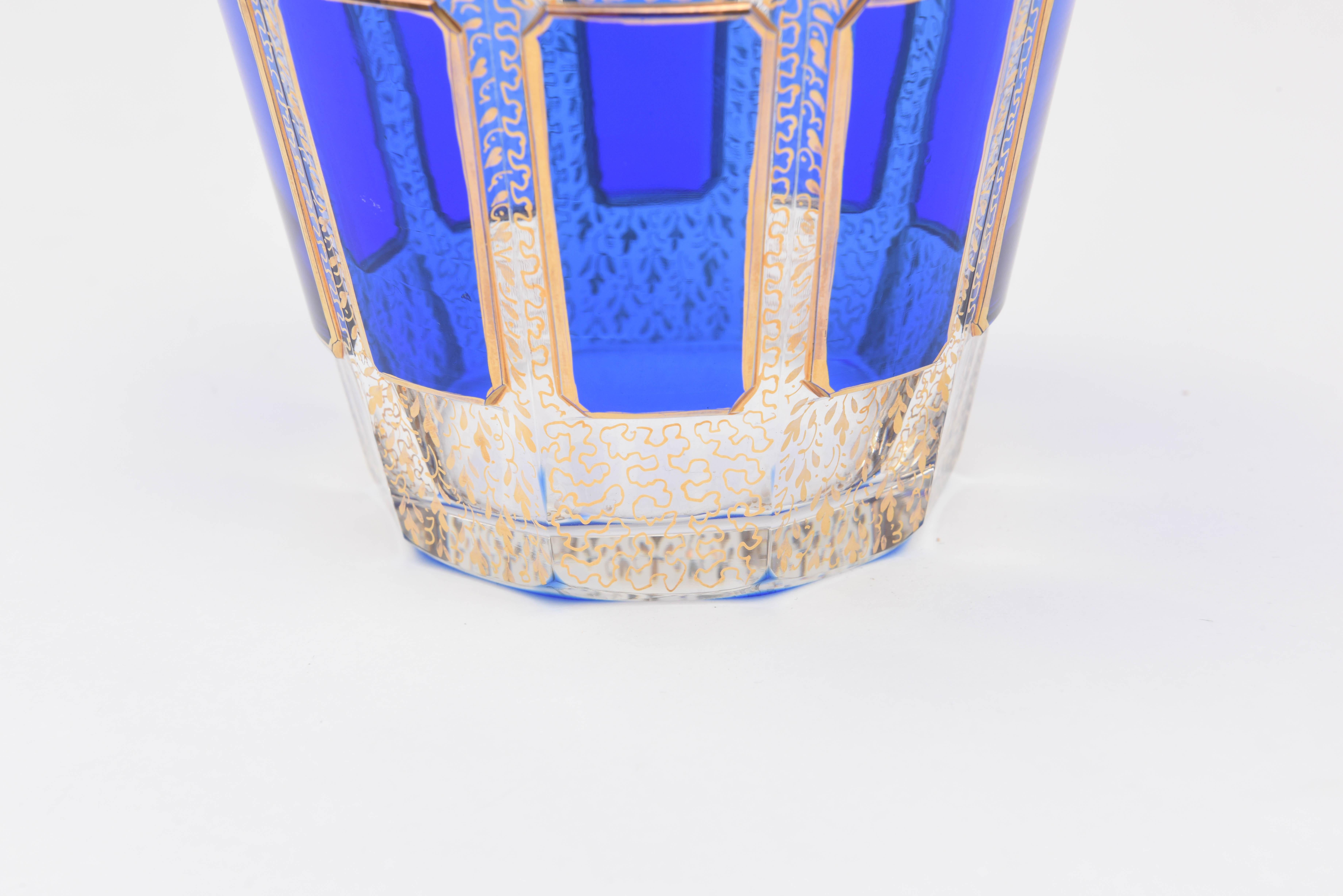 Antique Crystal Ice Bucket, Moser or Moser Style Cobalt Panel Glass and Gold 4