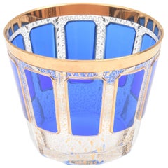 Antique Crystal Ice Bucket, Moser or Moser Style Cobalt Panel Glass and Gold
