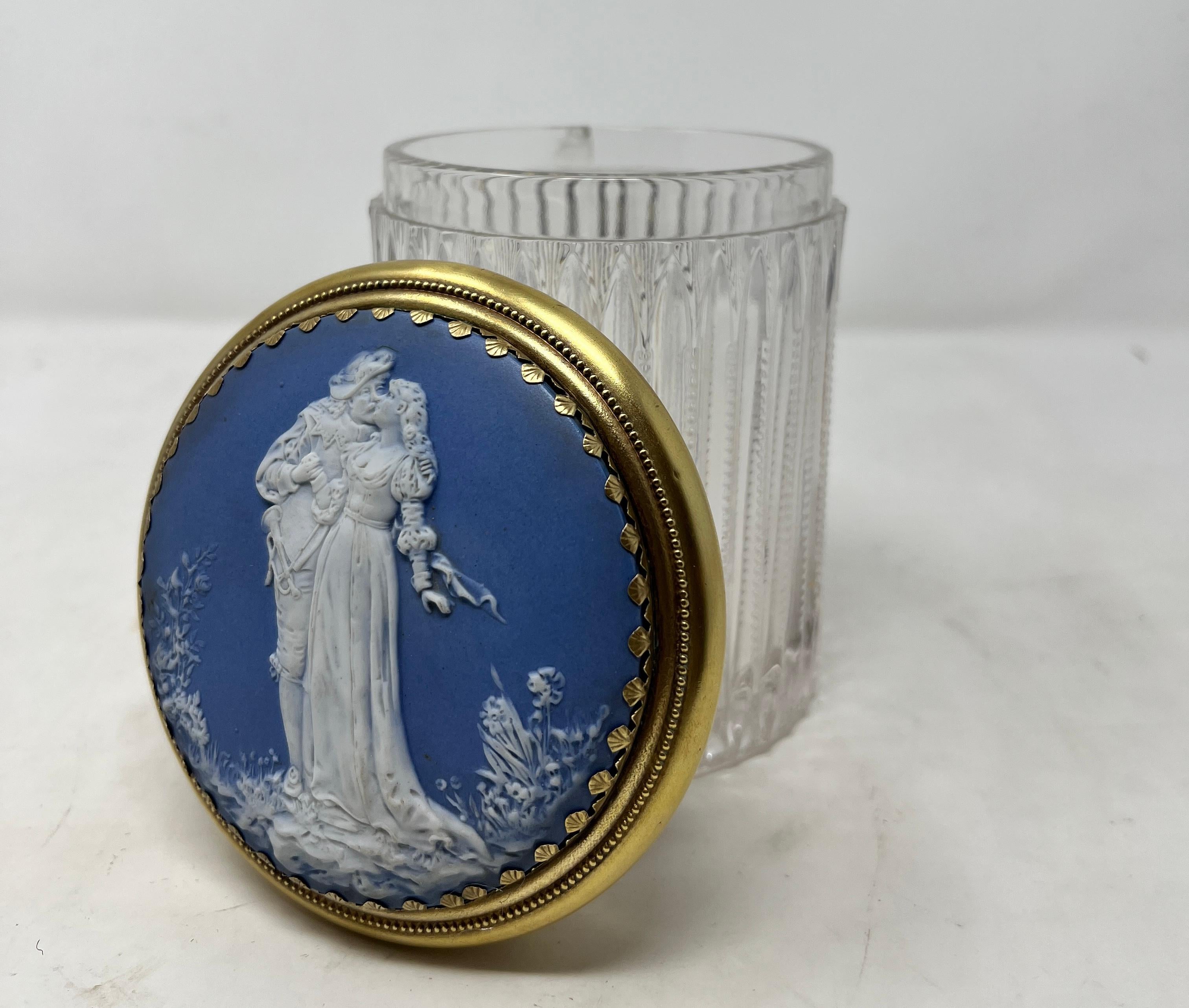English Antique Crystal Powder Jar with Wedgwood Cover For Sale