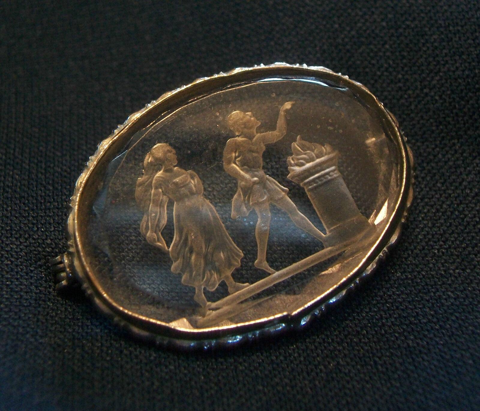Antique crystal reverse intaglio brooch/pin - hand made silver alloy setting - 