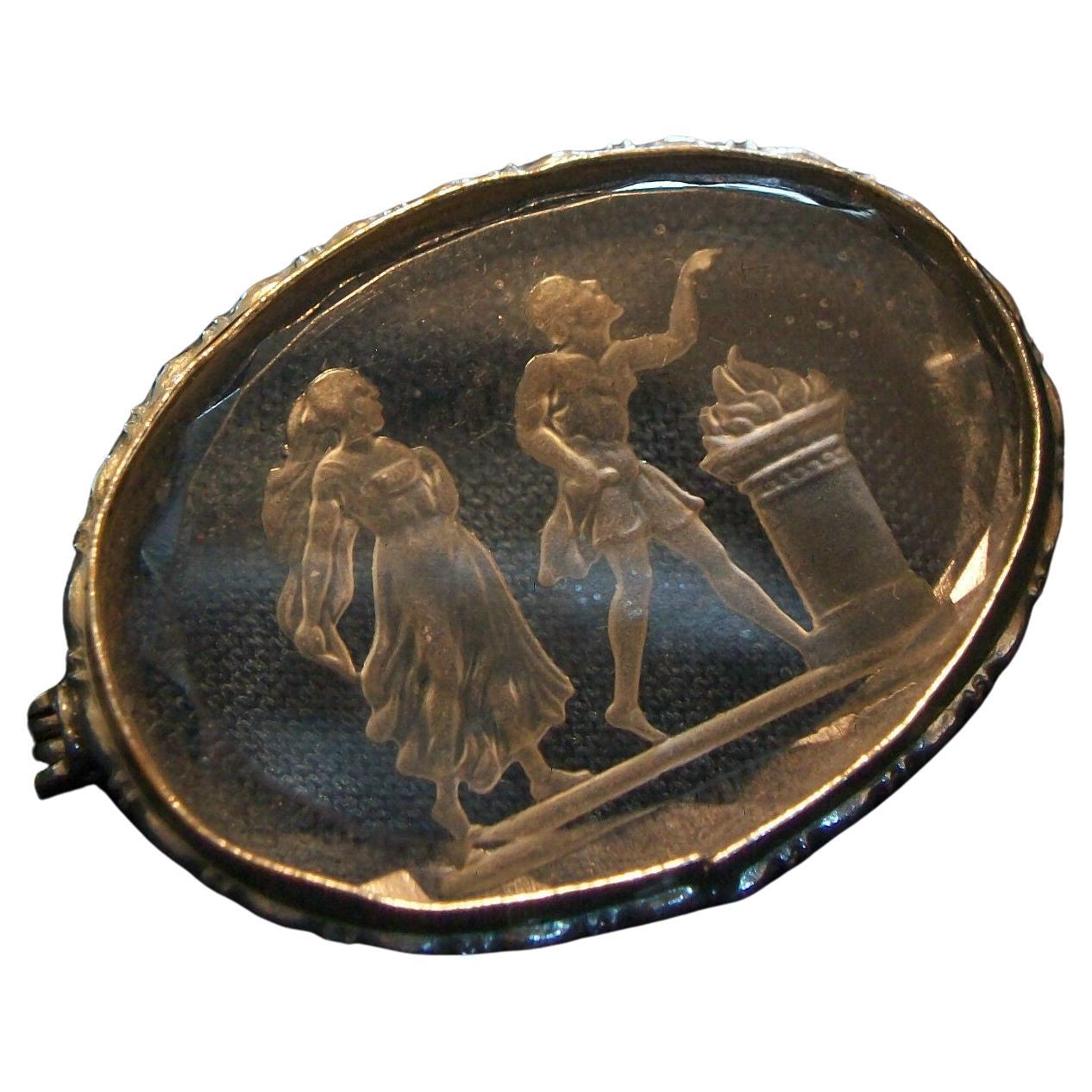 Antique Crystal Reverse Intaglio Brooch, Unsigned, France, Early 20th Century