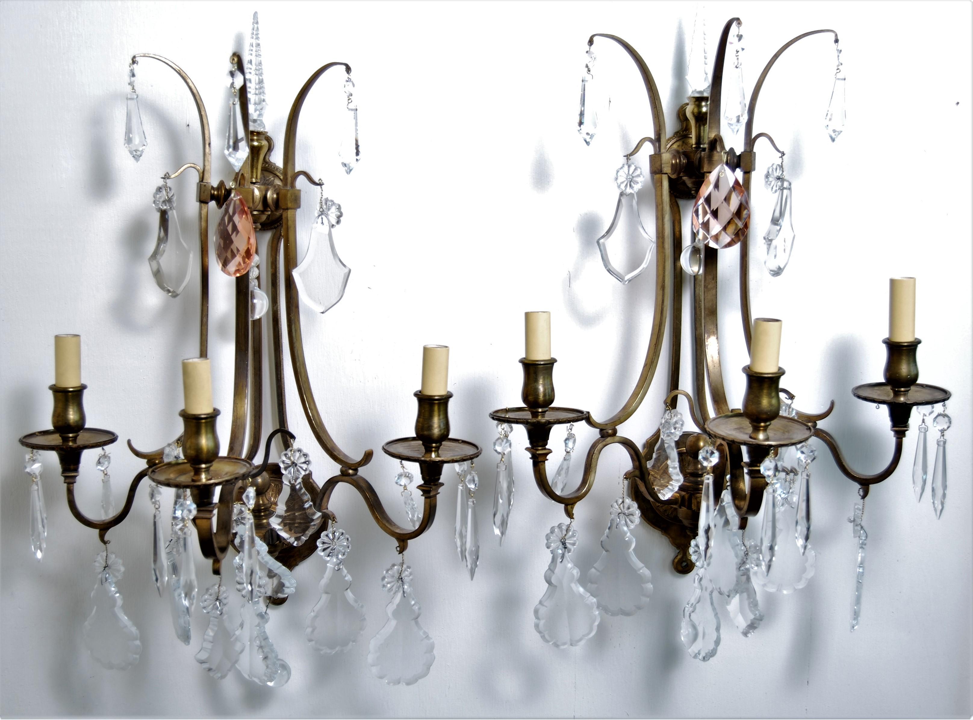 Antique Crystal Sconces, European, Restored Crystals, Doré Finish, Pair In Good Condition In Los Angeles, CA