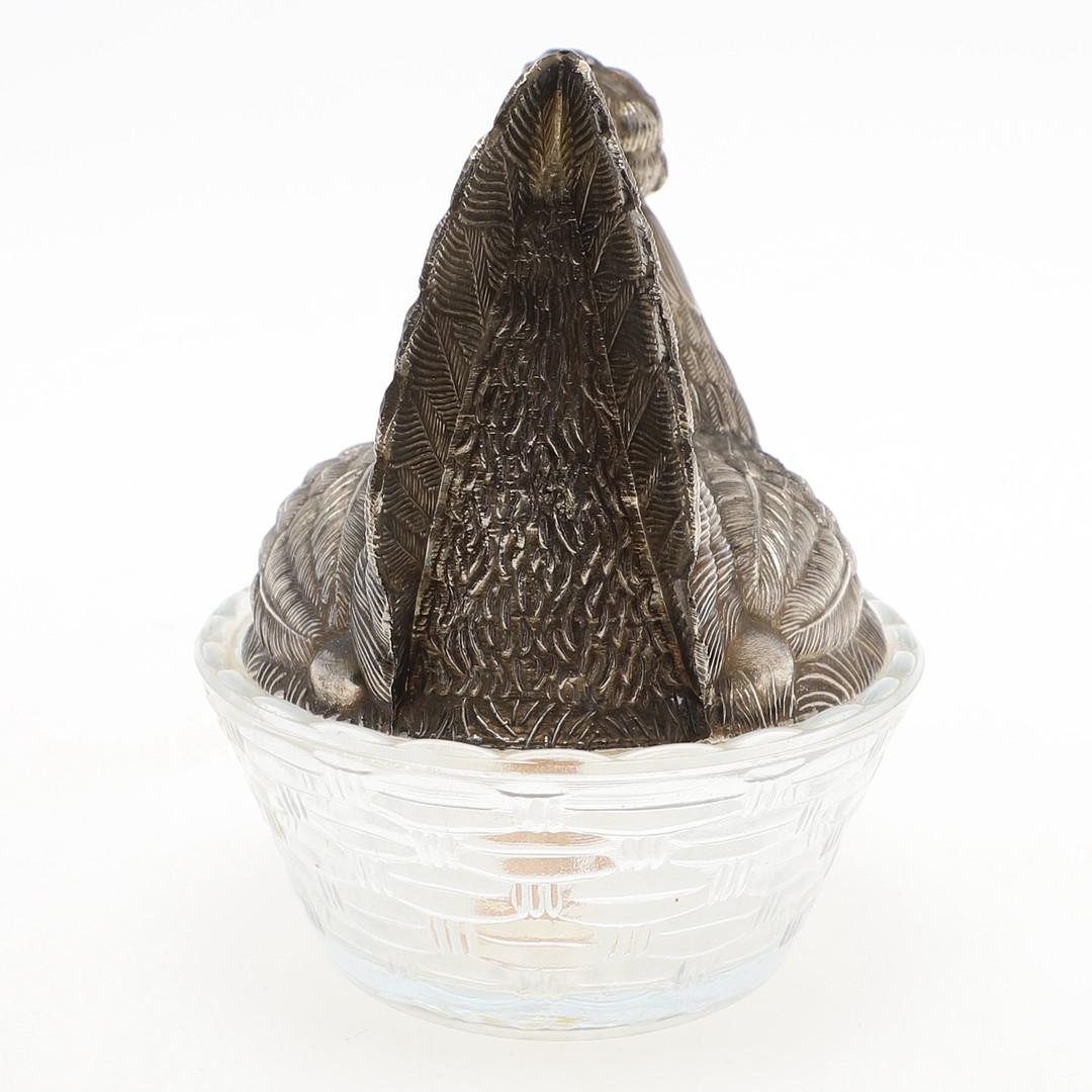 Art déco Antiquités Cristal & Silver Poule Porte-Oeuf Sculpteur Cuisine Décor Glaze VTG Dish en vente