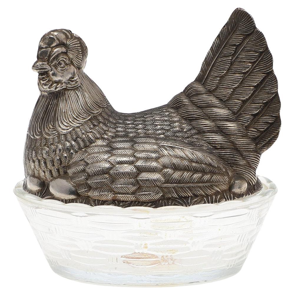 Antiquités Cristal & Silver Poule Porte-Oeuf Sculpteur Cuisine Décor Glaze VTG Dish en vente