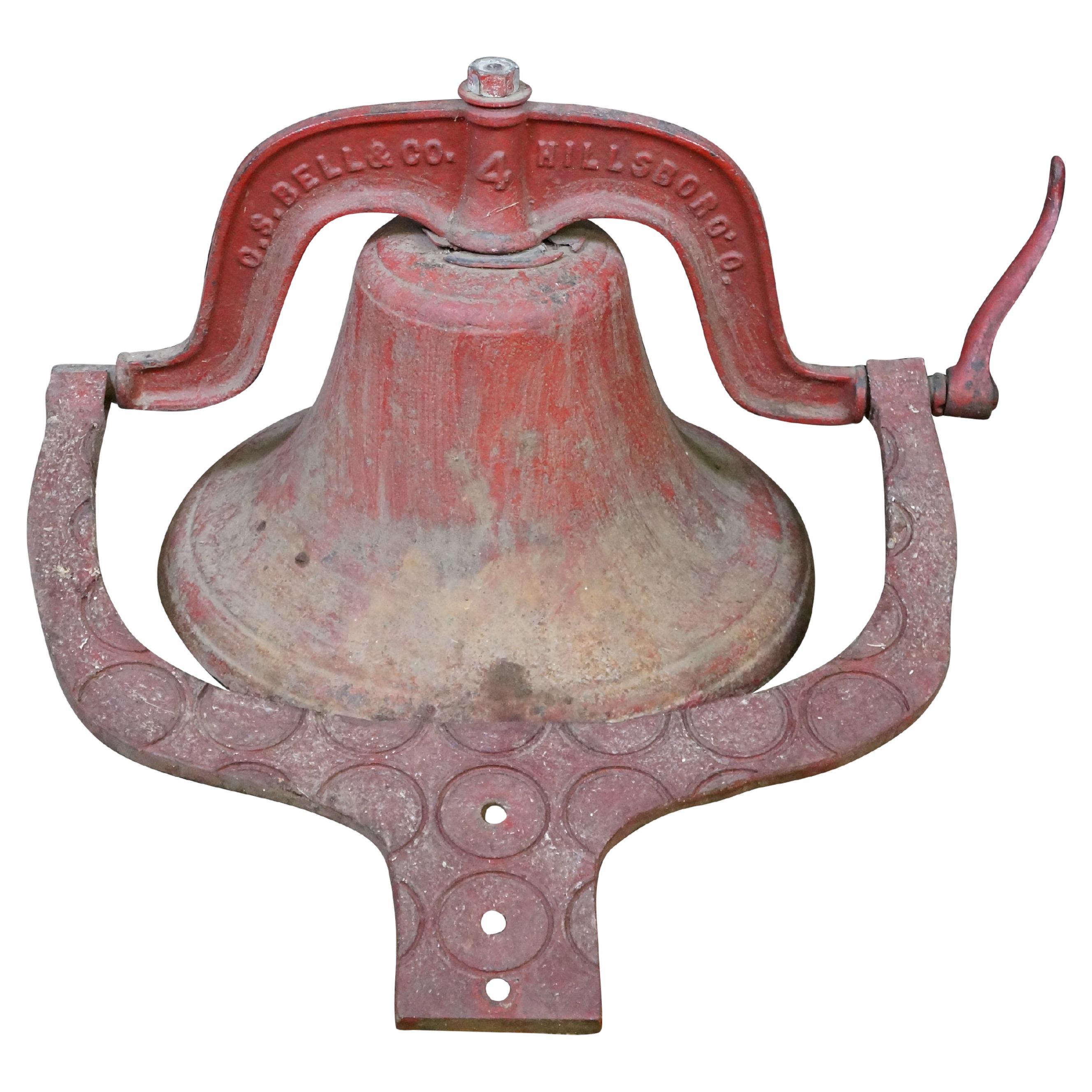 Antique CS Bell Red Cast Iron #4 Farmhouse Yoke School Church Dinner Bell 28" For Sale