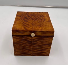 Boîte à thé cubique ancienne, placage en bouleau, Allemagne du Nord, datant d'environ 1860