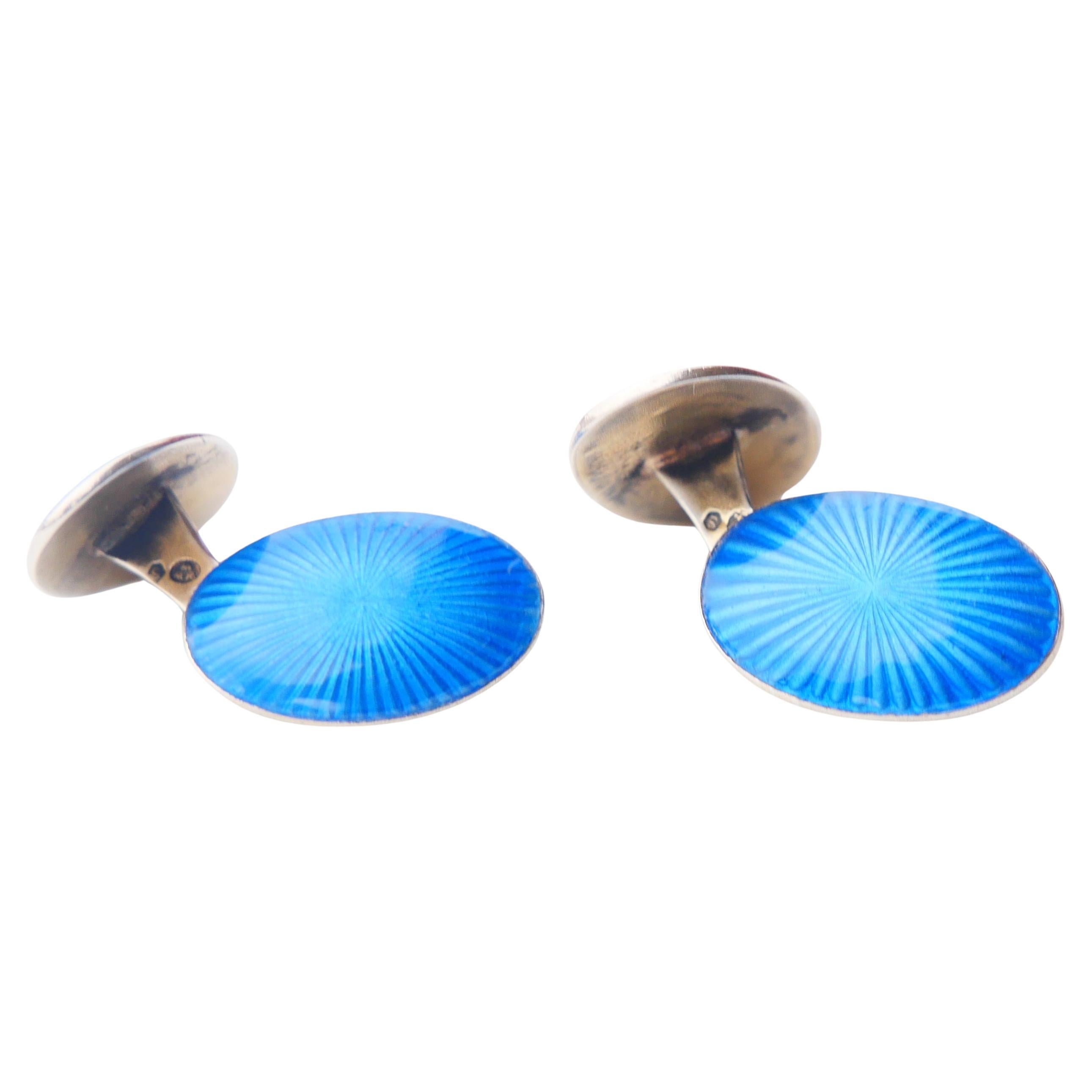 Gemelli antichi Smalto Guilloche blu solido 830 Argento dorato / 8,48 gr