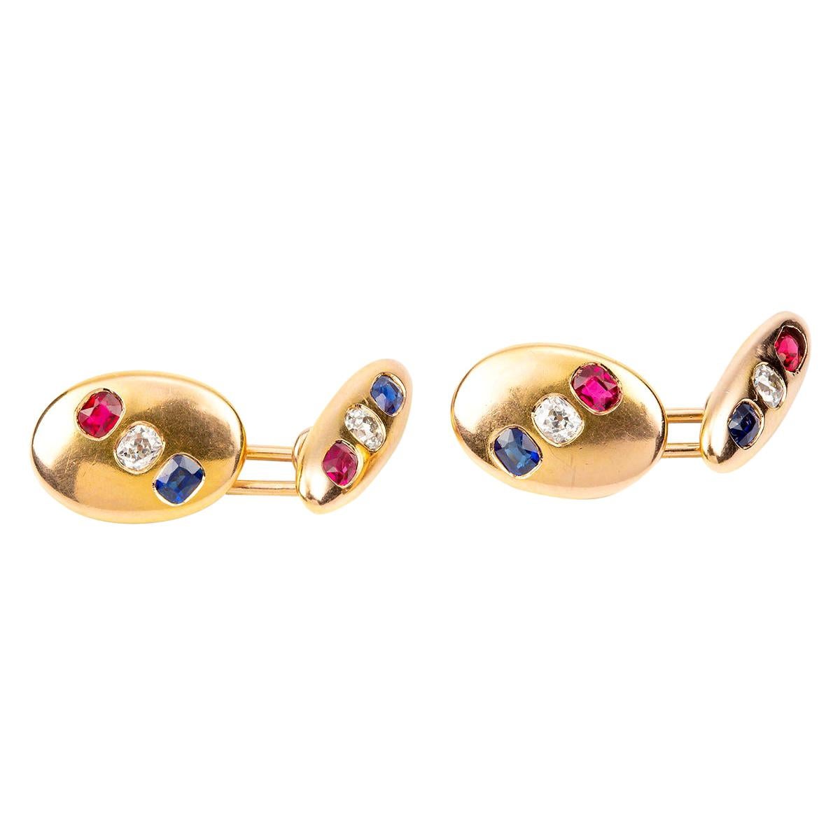 Antique Cufflinks in 18 Carat Gold with Diamond, Ruby & Sapphire, English, 1900 For Sale