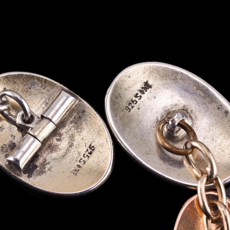 Boutons De Manchette Anciens Ton Argent Et Bleu - Occasion Bon état