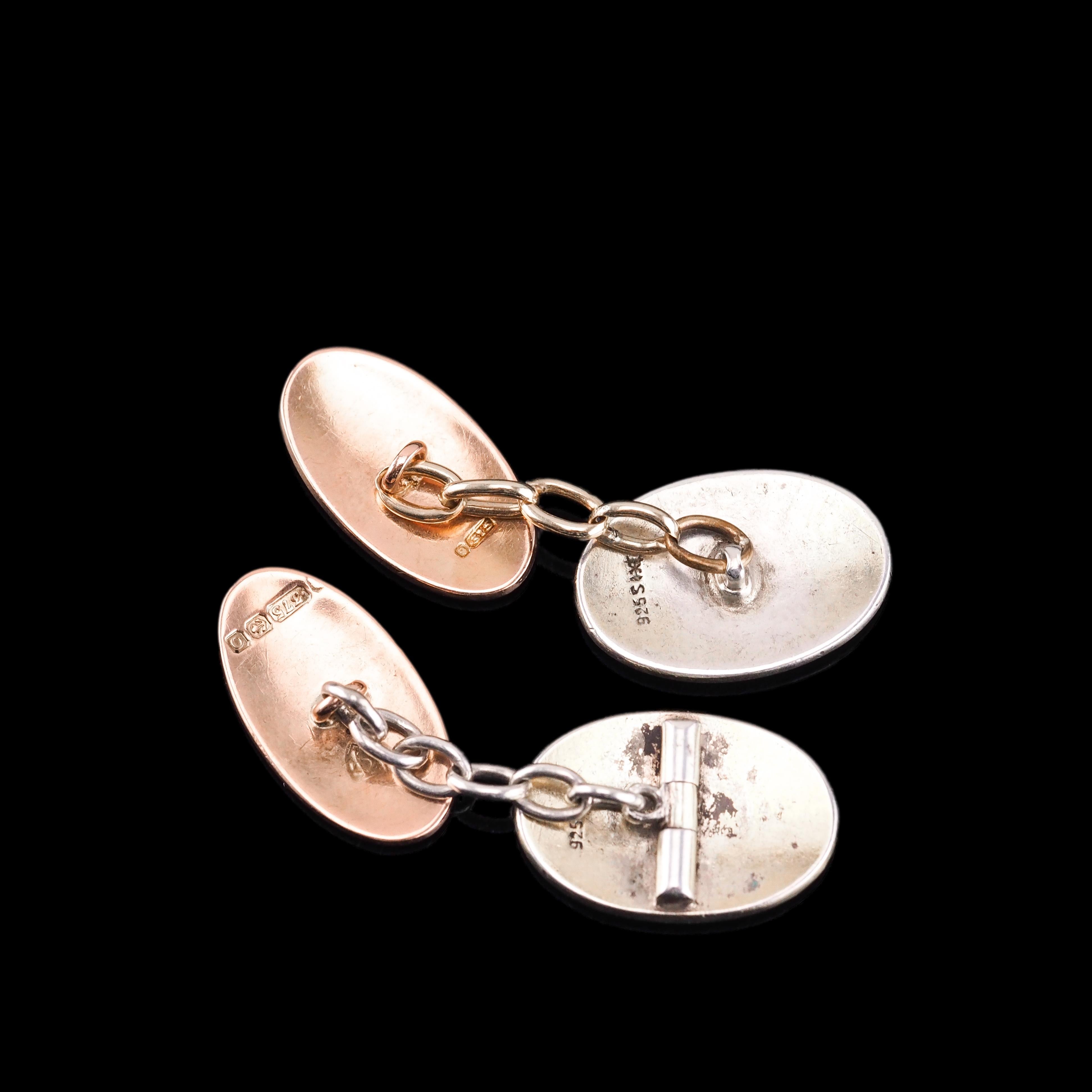 Antique Cufflinks with Blue Guilloche Enamel 9K Gold & Sterling Silver  For Sale 13