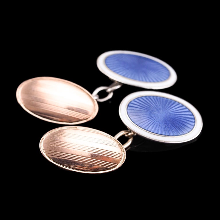 Boutons De Manchette Anciens Ton Argent Et Bleu - Occasion Bon état