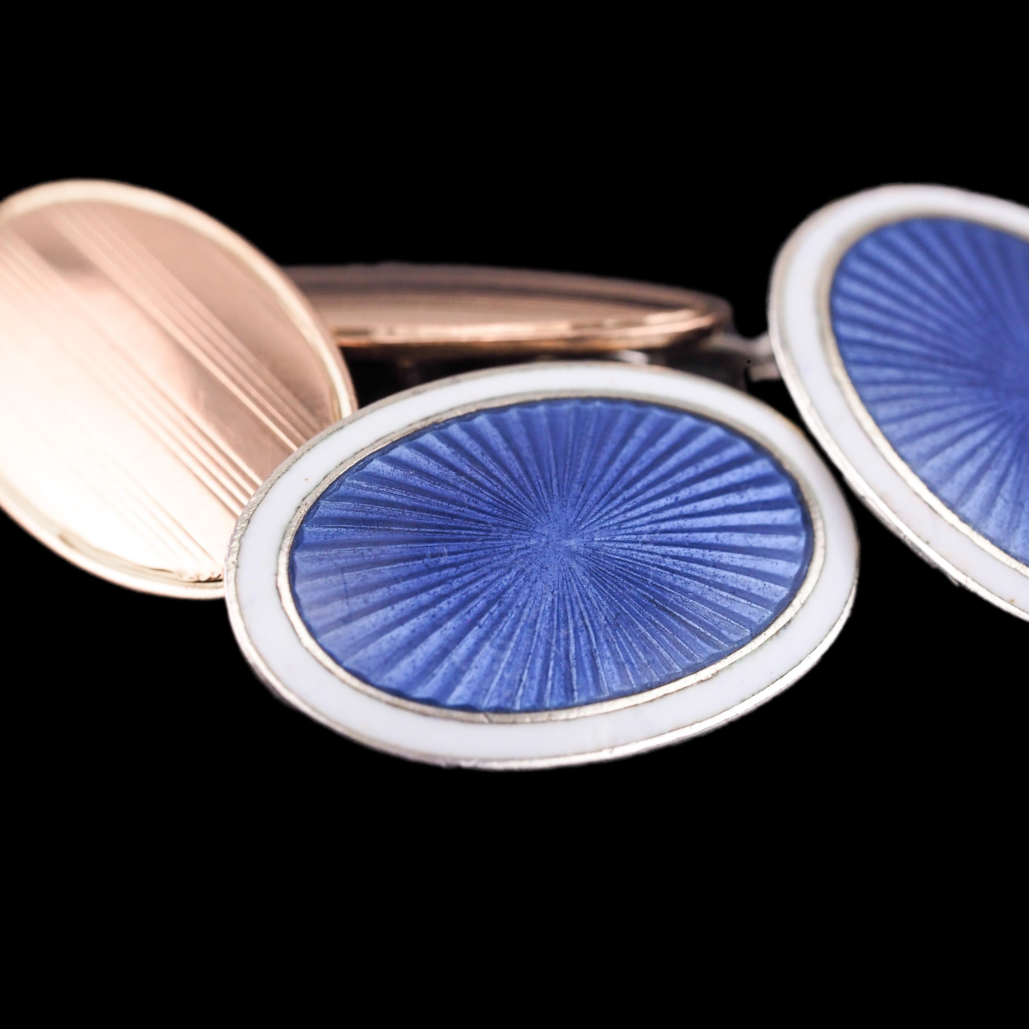 Antique Cufflinks with Blue Guilloche Enamel 9K Gold & Sterling Silver  For Sale 2