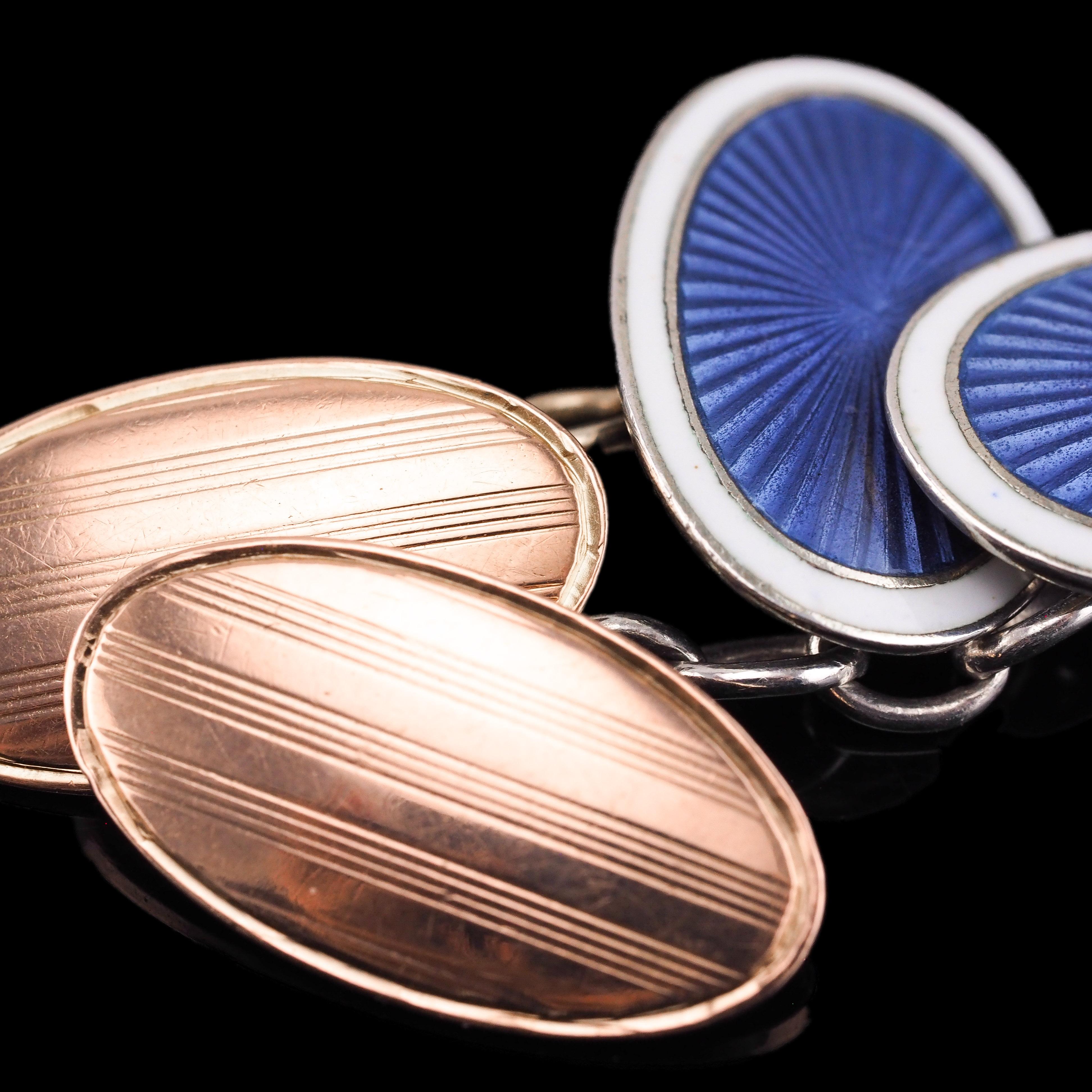 Antique Cufflinks with Blue Guilloche Enamel 9K Gold & Sterling Silver  For Sale 5