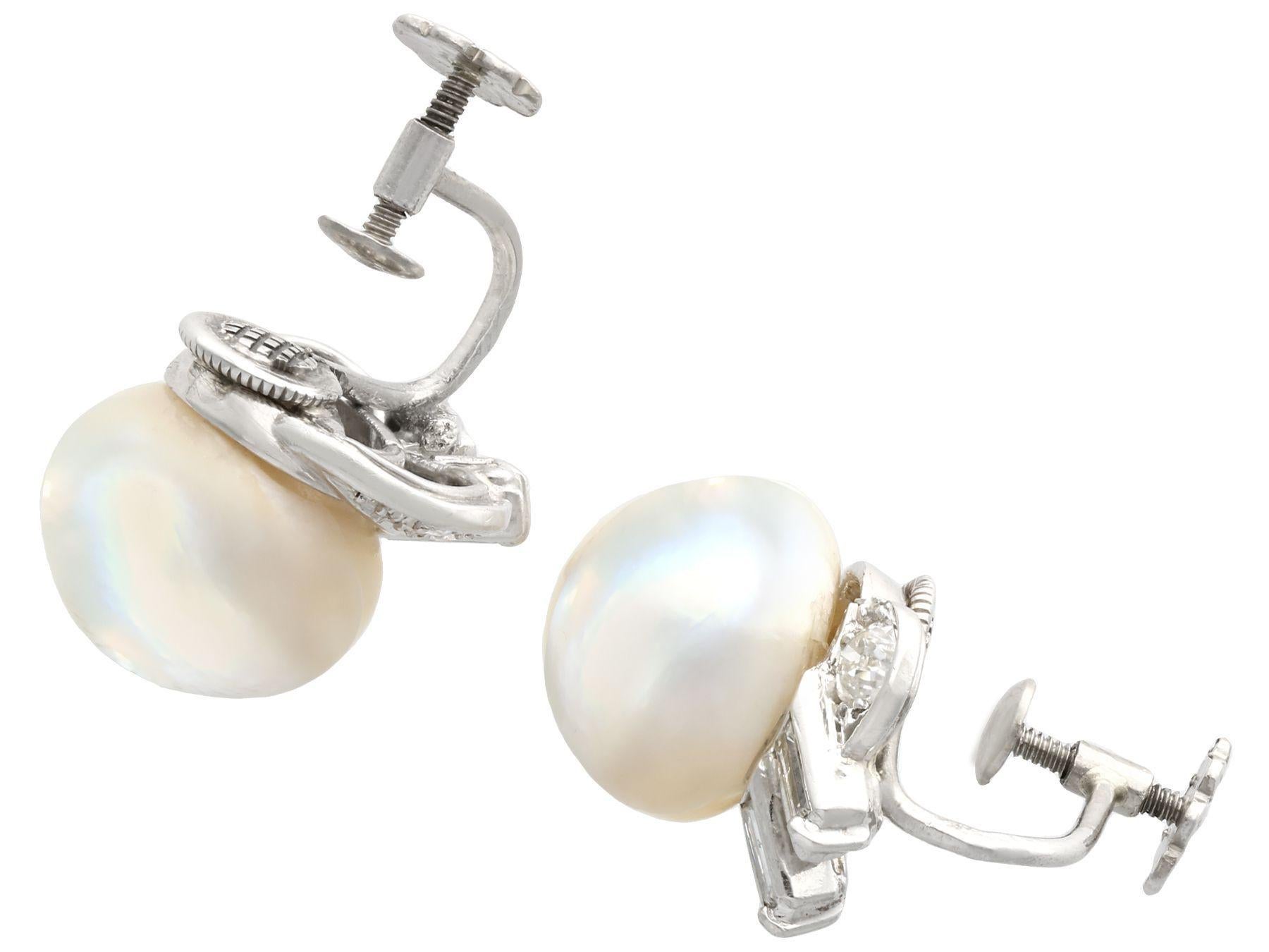 Baguette Cut Antique Cultured Pearl 1.10 Carat Diamond Platinum Clip-On Earrings For Sale