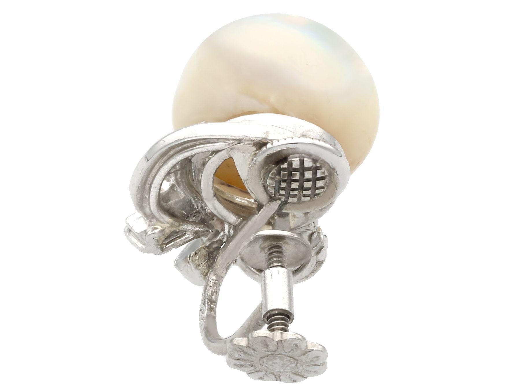 Antique Cultured Pearl 1.10 Carat Diamond Platinum Clip-On Earrings For Sale 1