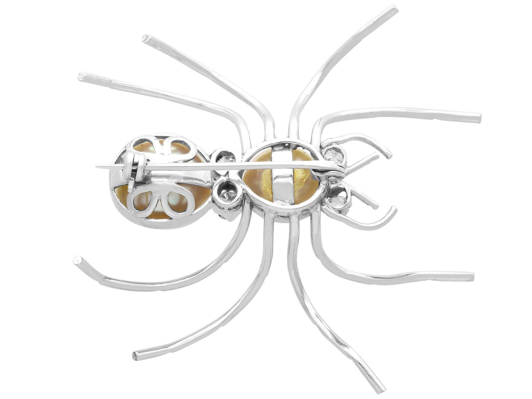 Old European Cut Antique Cultured Pearl and Diamond White Gold Spider Brooch Circa 1935 For Sale