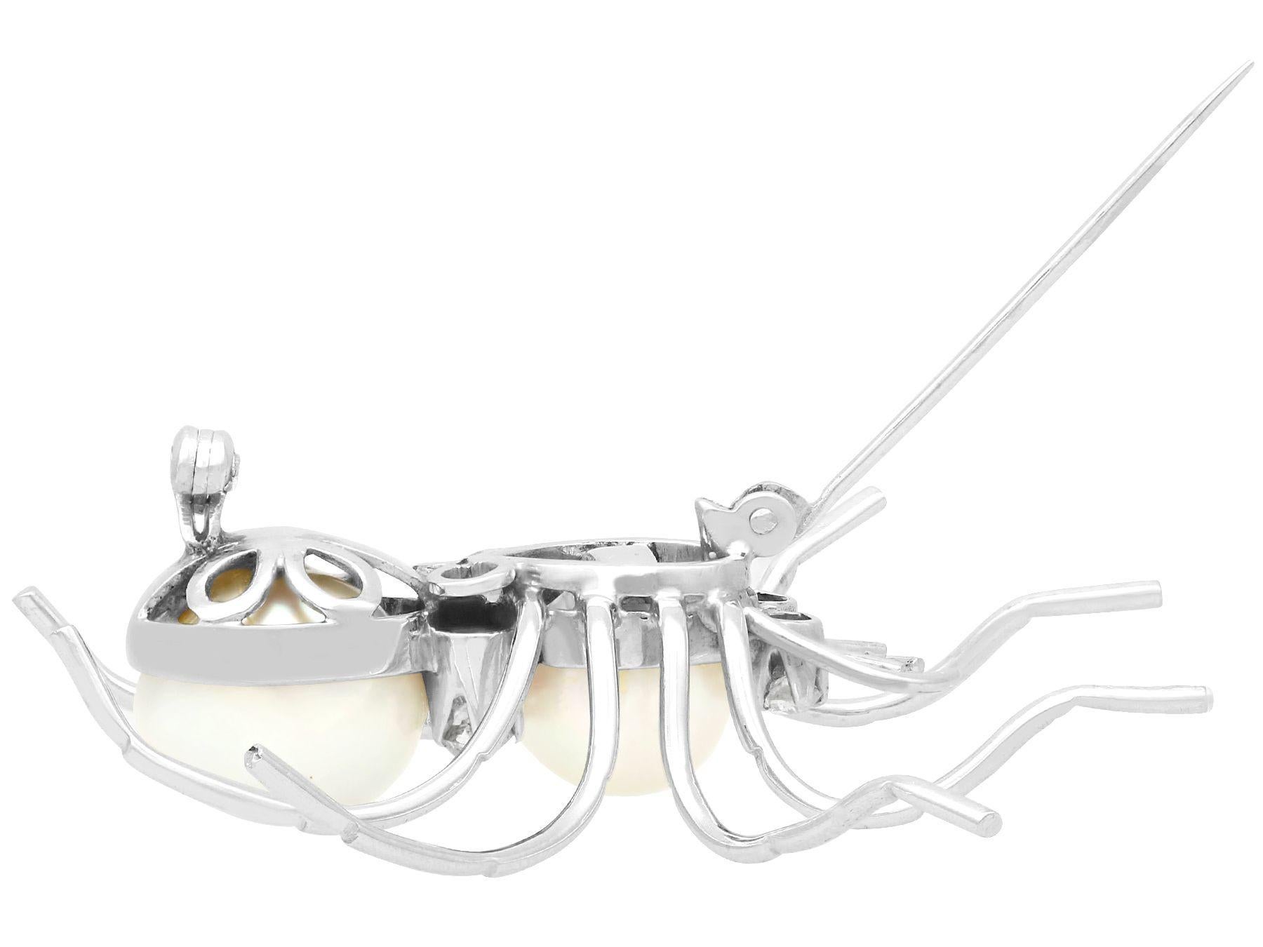 Women's or Men's Antique Cultured Pearl and Diamond White Gold Spider Brooch Circa 1935 For Sale