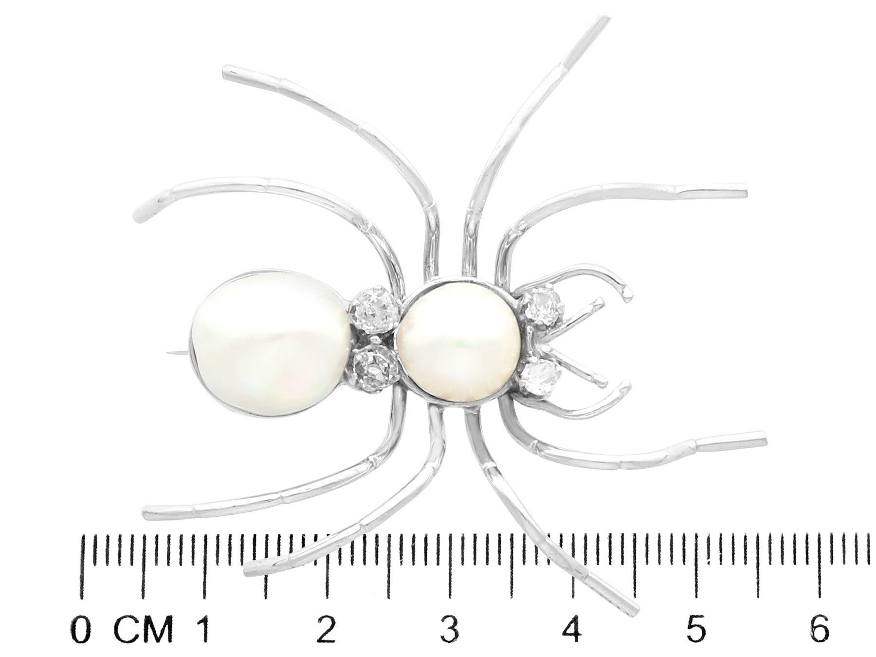 Women's or Men's Antique Cultured Pearl and Diamond White Gold Spider Brooch Circa 1935 For Sale