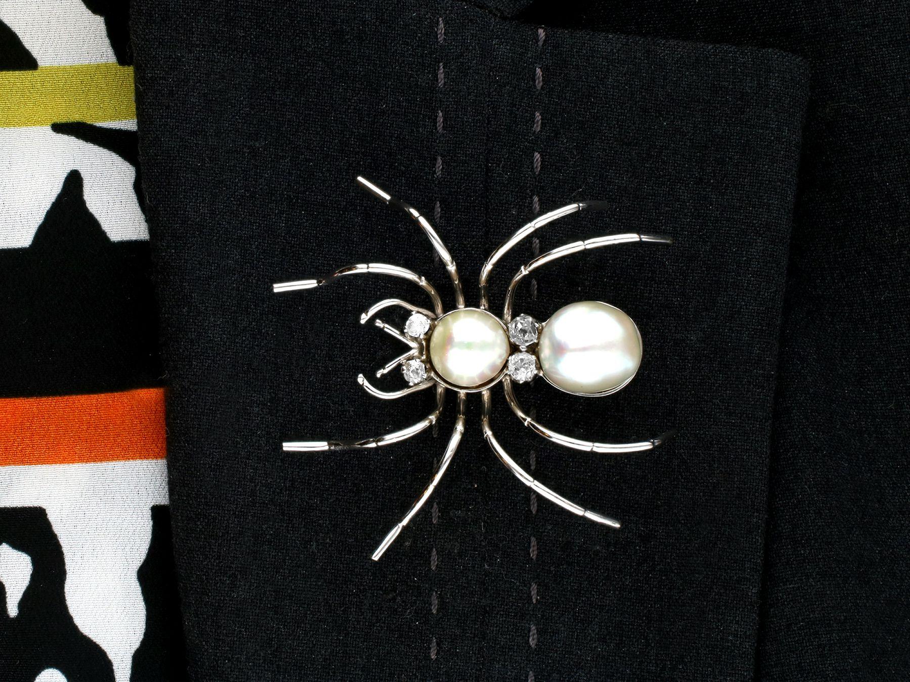 Antique Cultured Pearl and Diamond White Gold Spider Brooch Circa 1935 For Sale 1