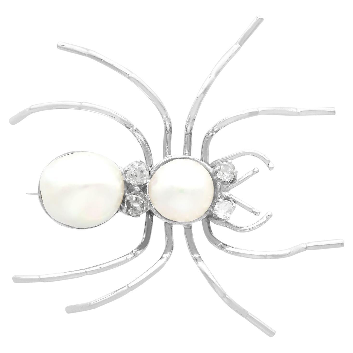 Antique Cultured Pearl and Diamond White Gold Spider Brooch Circa 1935 For Sale