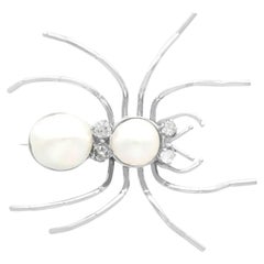 Vintage Cultured Pearl and Diamond White Gold Spider Brooch Circa 1935