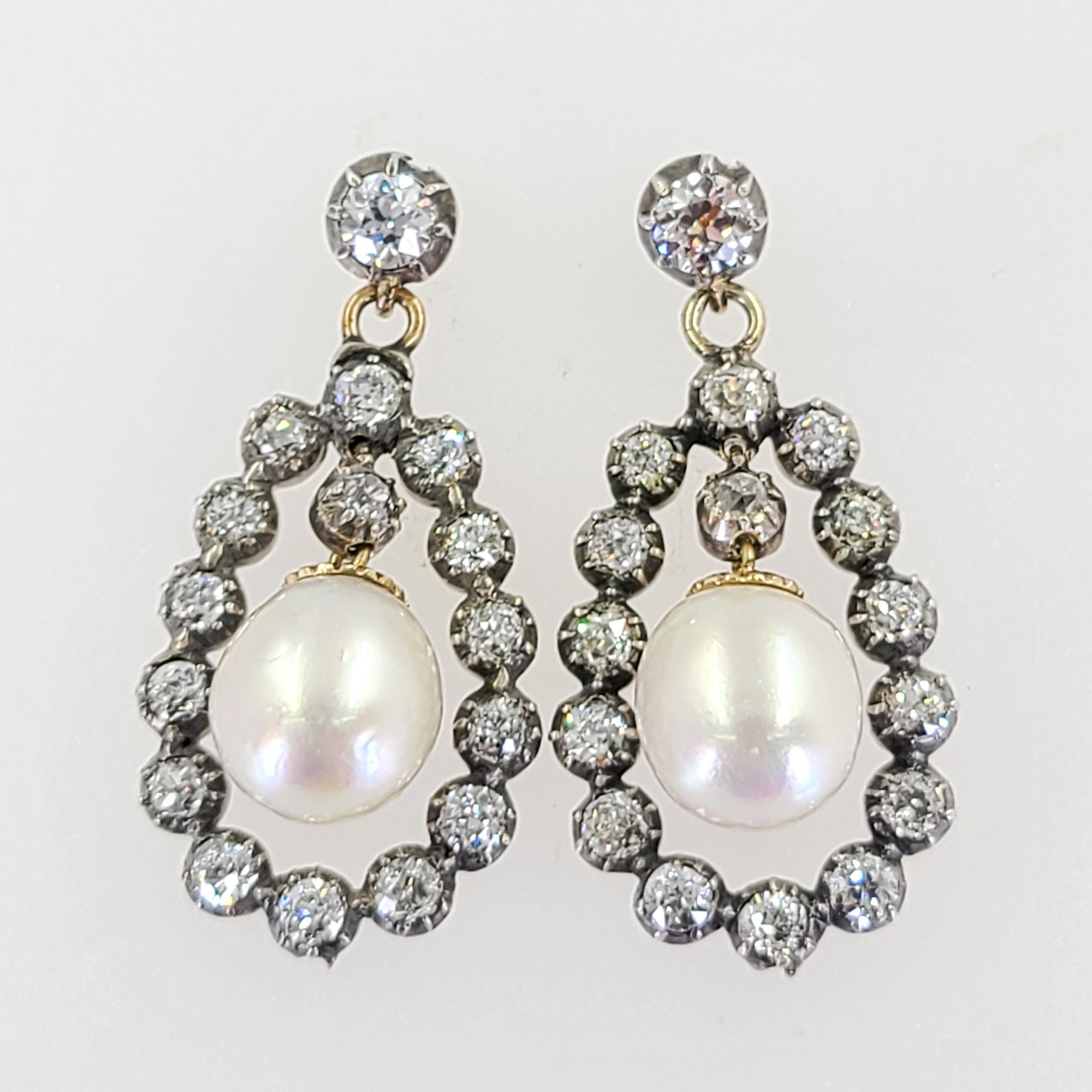 Antique Cultured Pearl and Old European Cut Diamond Dangle Earrings In Good Condition In Coral Gables, FL