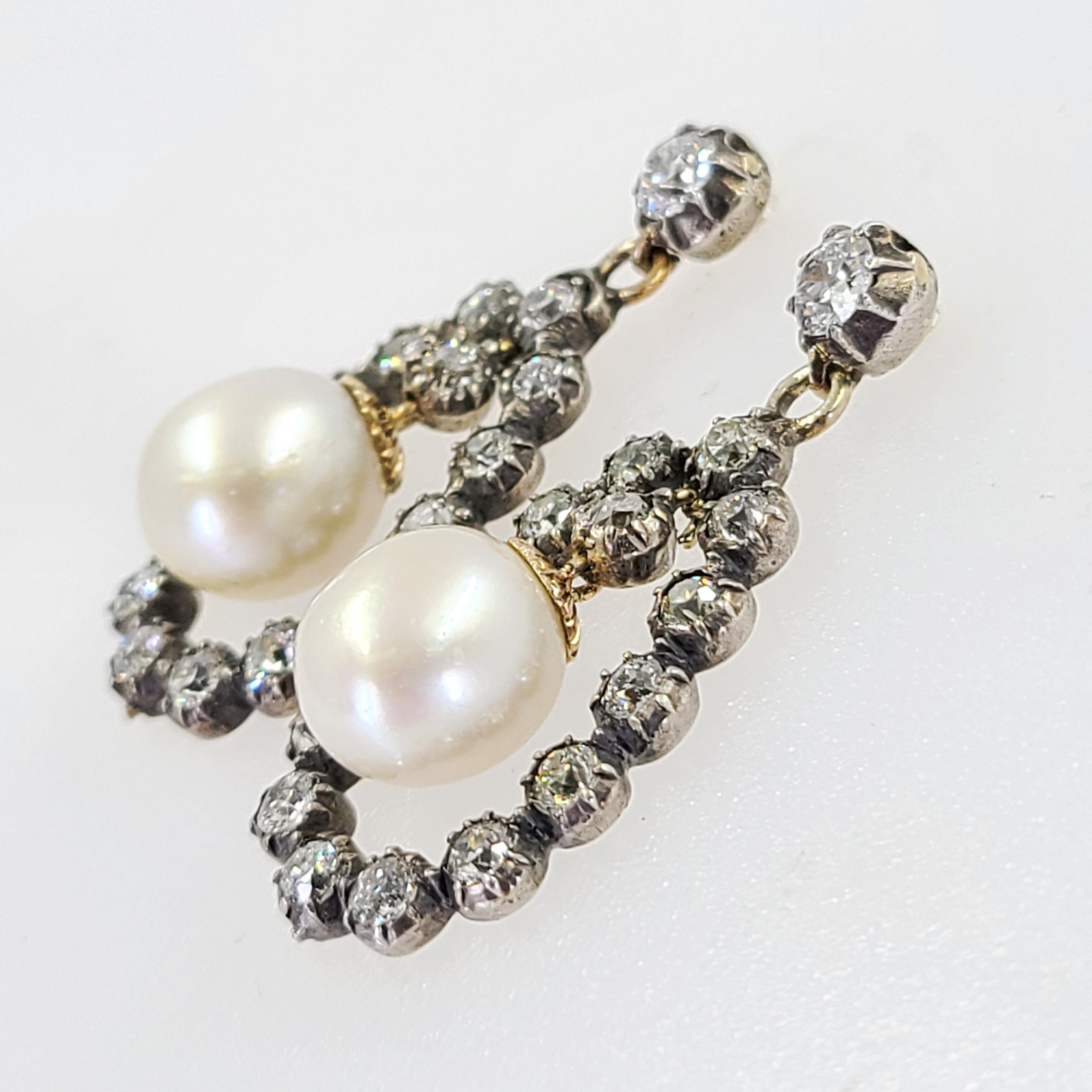 Women's Antique Cultured Pearl and Old European Cut Diamond Dangle Earrings