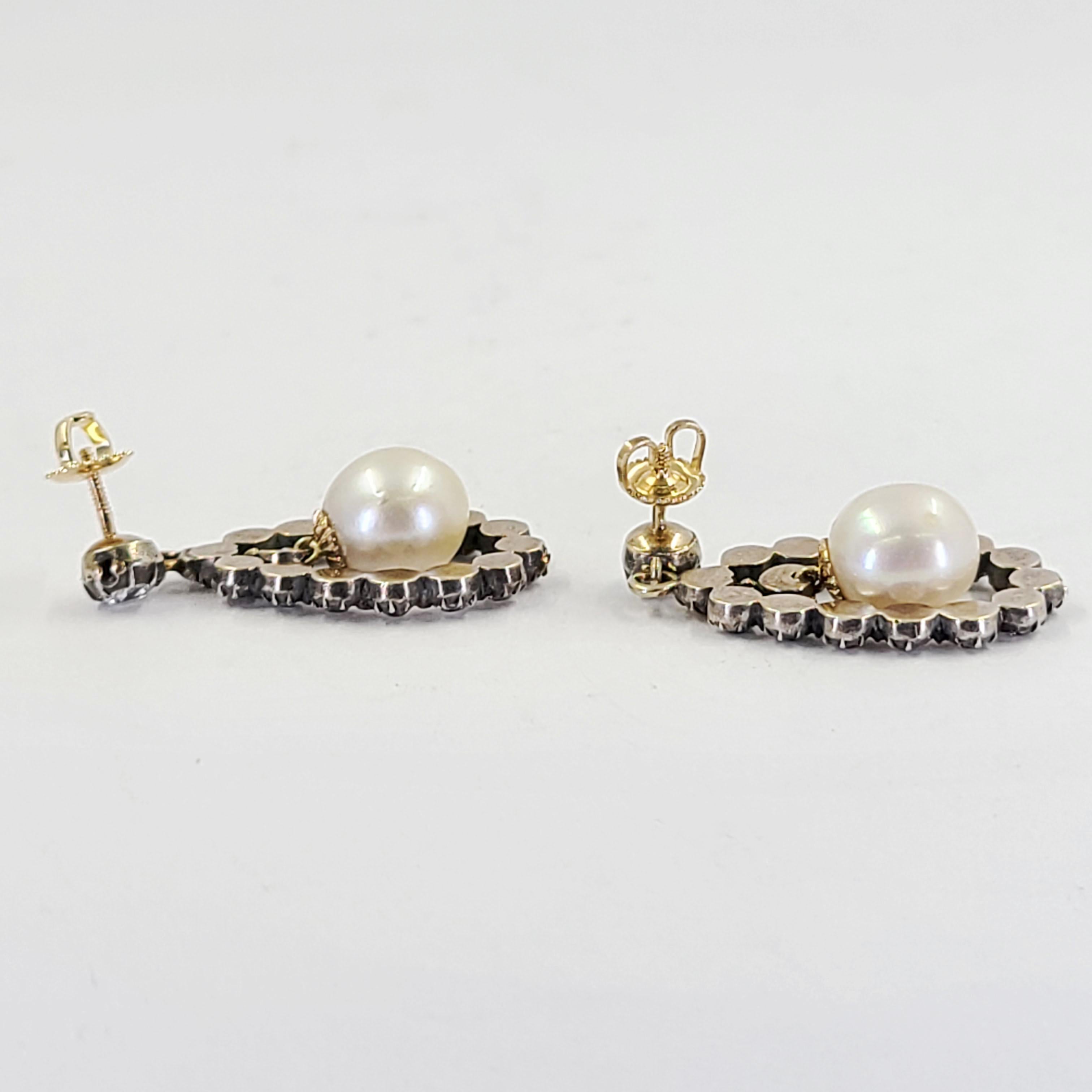 Antique Cultured Pearl and Old European Cut Diamond Dangle Earrings 1