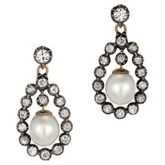 Antique Cultured Pearl and Old European Cut Diamond Dangle Earrings