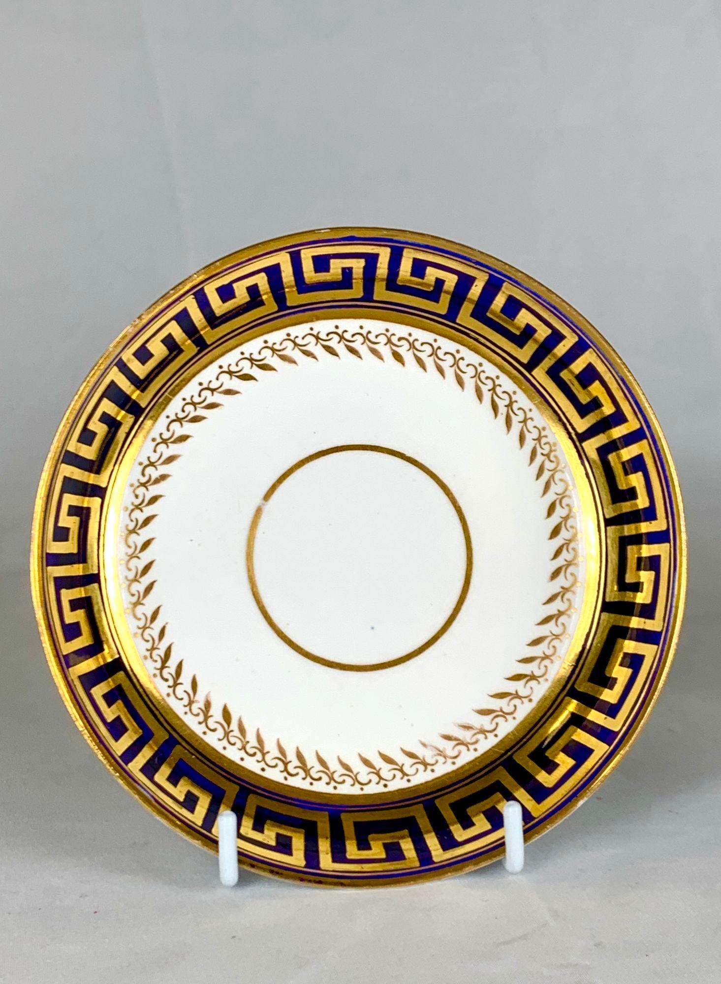 Antique Cup and Saucer English Porcelain Greek Key Pattern Blue Ground Ca.1820 In Excellent Condition For Sale In Katonah, NY