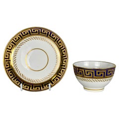 Antique Cup and Saucer English Porcelain Greek Key Pattern Blue Ground Ca.1820
