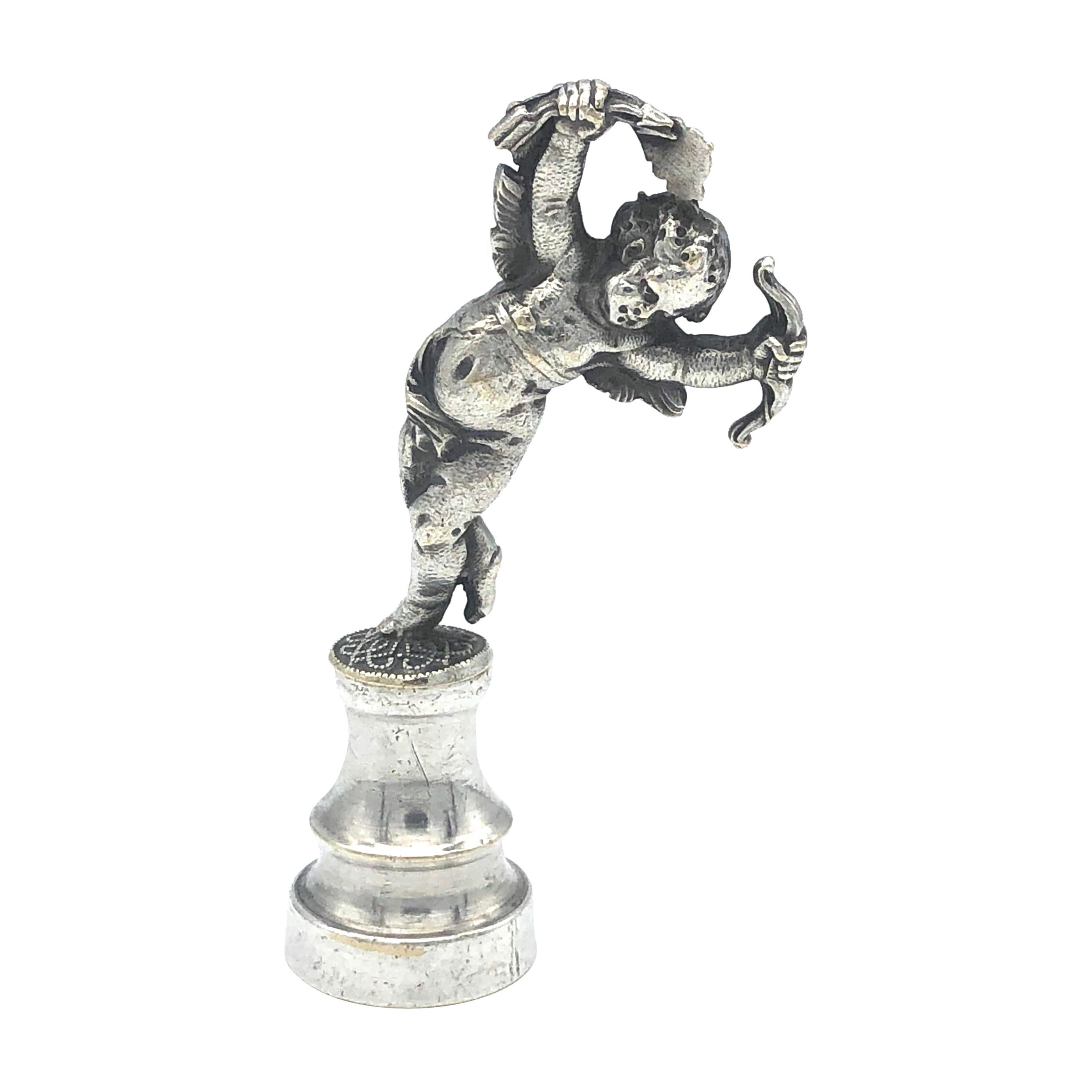 Antique Cupid Amor Dancer Lovetoken Bow Arrow Desktop Seal Silverplate