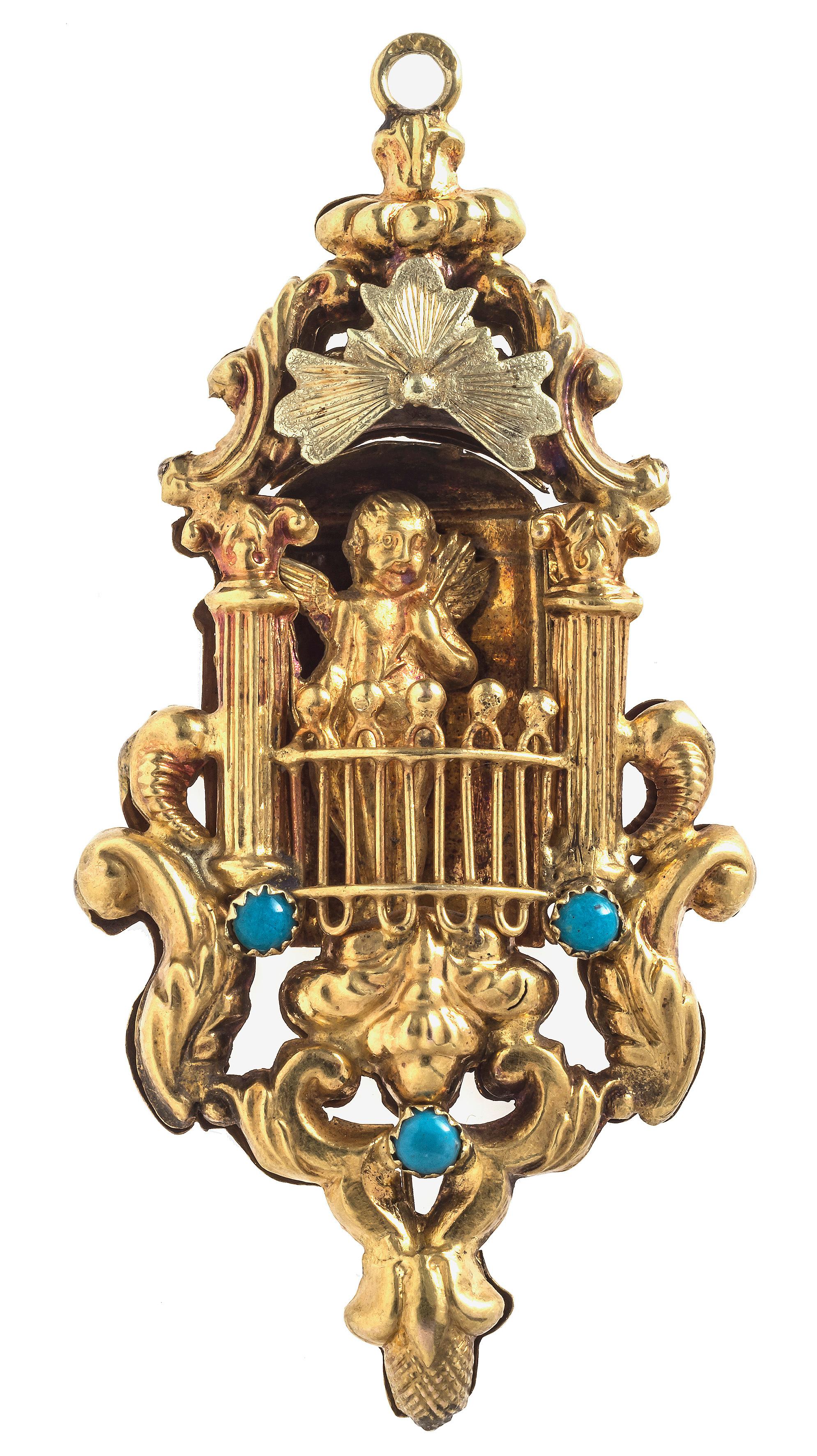 Two winged cupids carrying arrow and bow in their hands are standing on a balcony-bay between two columns. The two columns are covered by a canopy and decorated with a corona. The earrings are decorated with four cabochon turquoises.  The bottom