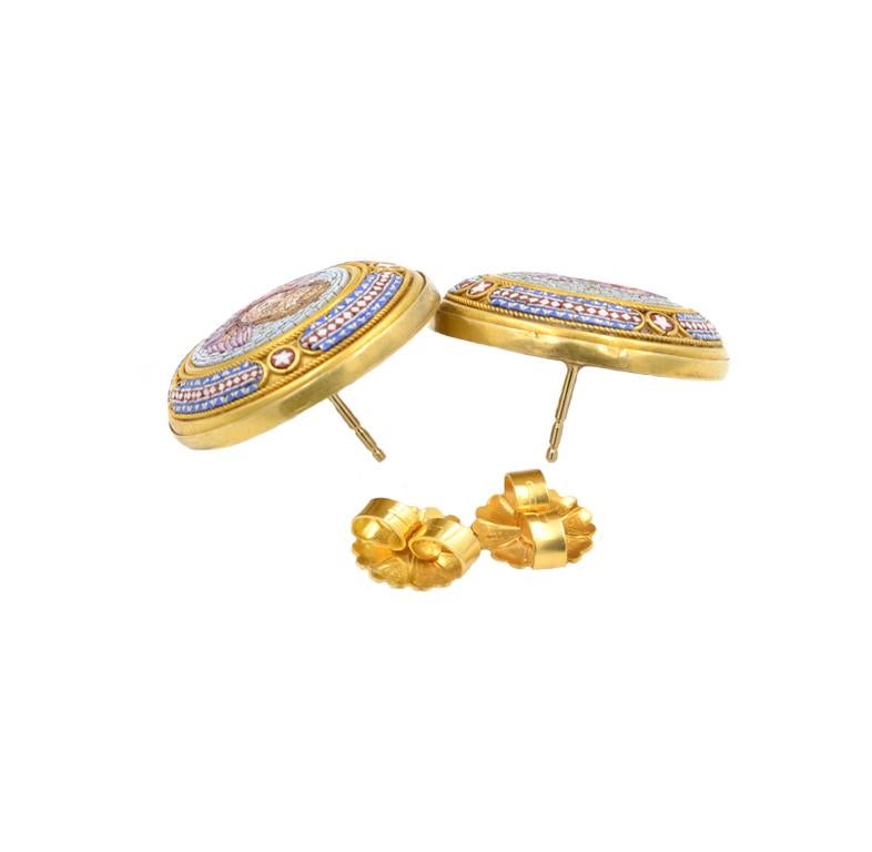 Women's Antique Cupid Micro Mosaic 18 Karat Gold Earrings For Sale