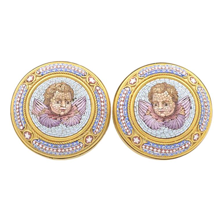 Antique Cupid Micro Mosaic 18 Karat Gold Earrings For Sale