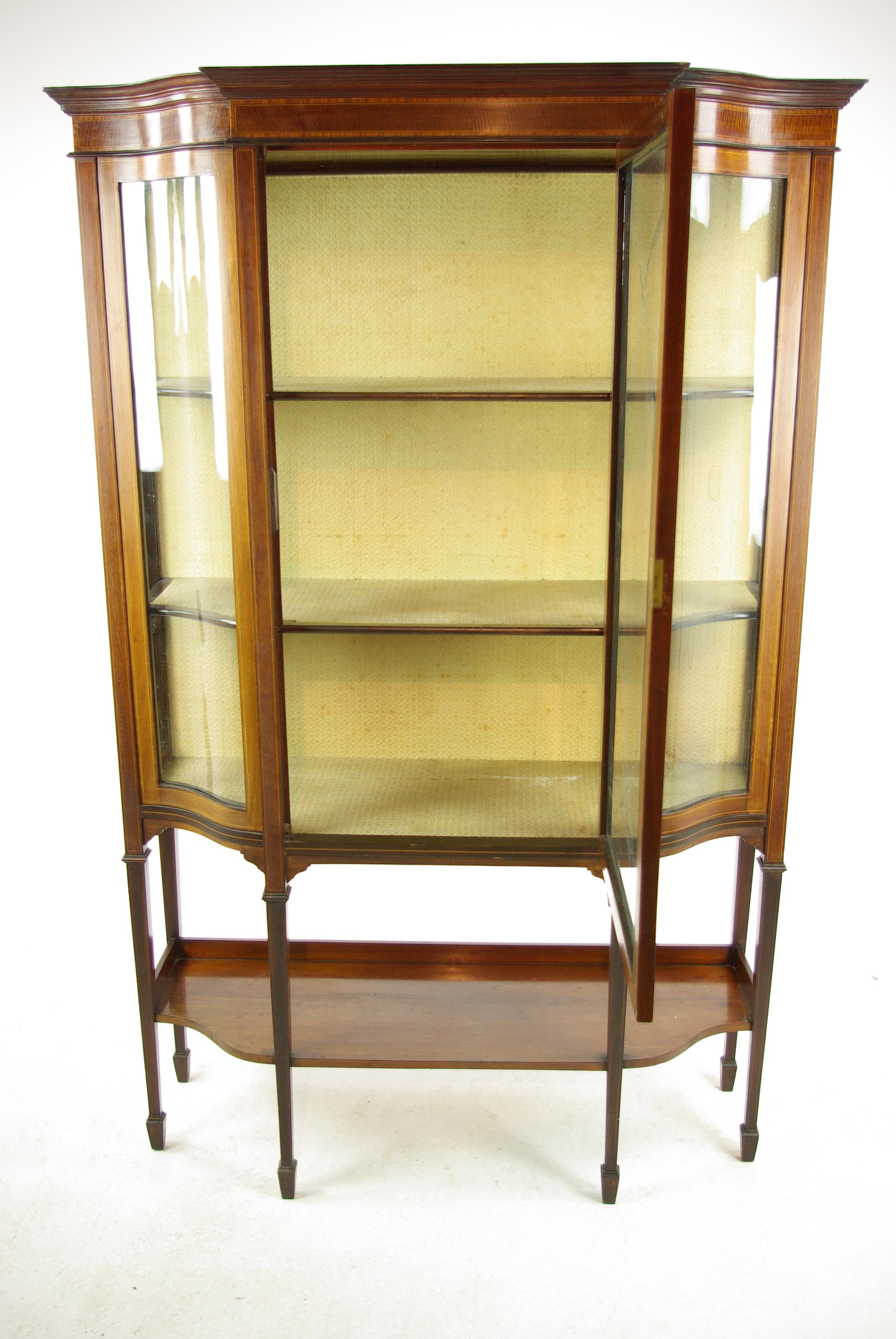 Victorian Antique Curio Cabinet, Display Cabinet, Walnut, Serpentine Glass, 1910