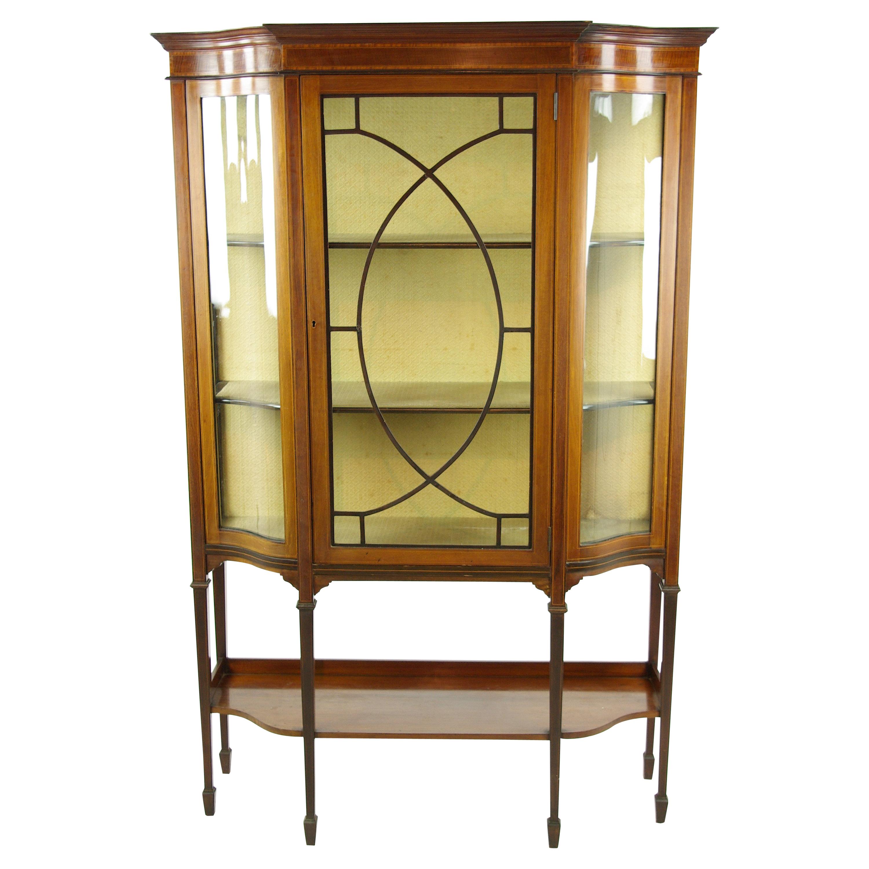 Antique Curio Cabinet, Display Cabinet, Walnut, Serpentine Glass, 1910