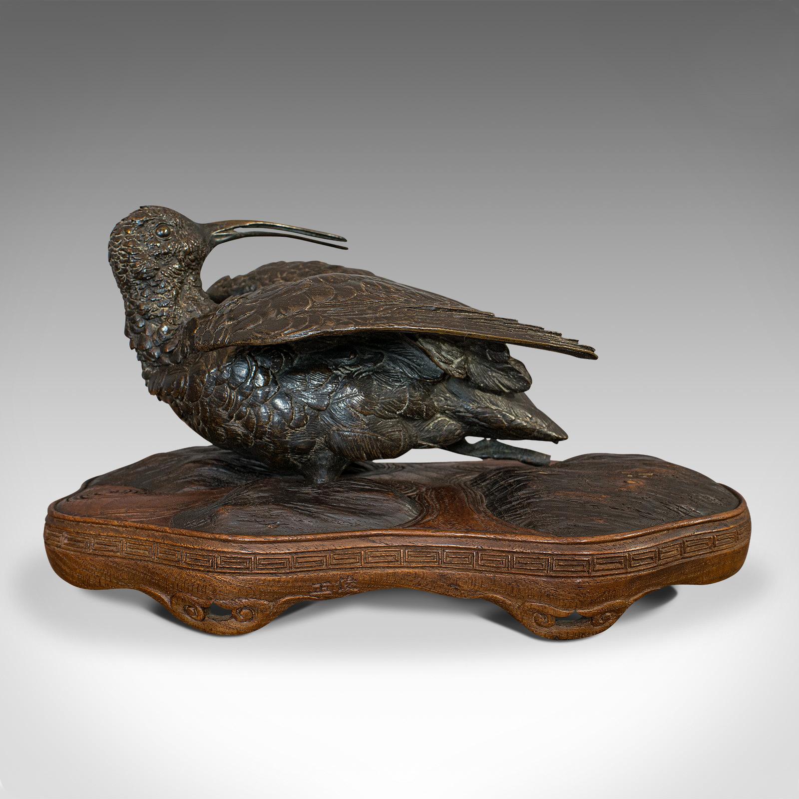 Unknown Antique, Curlew, Oriental, Bronze, Mahogany, Decorative, Small Bird, circa 1900 For Sale