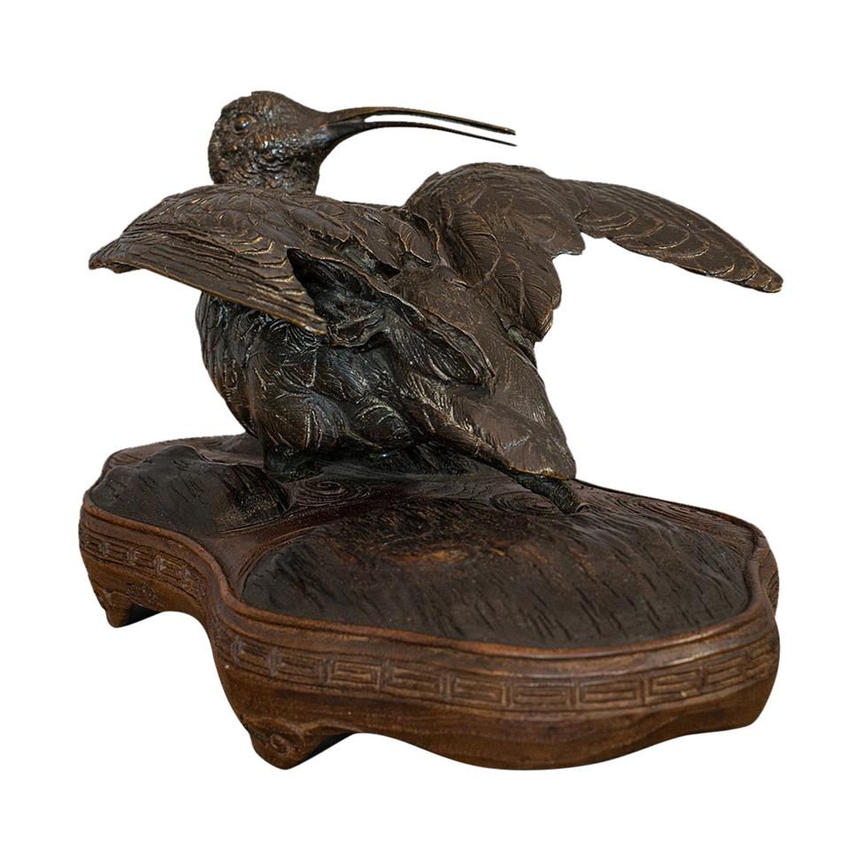 Antique, Curlew, Oriental, Bronze, Mahogany, Decorative, Small Bird, circa 1900