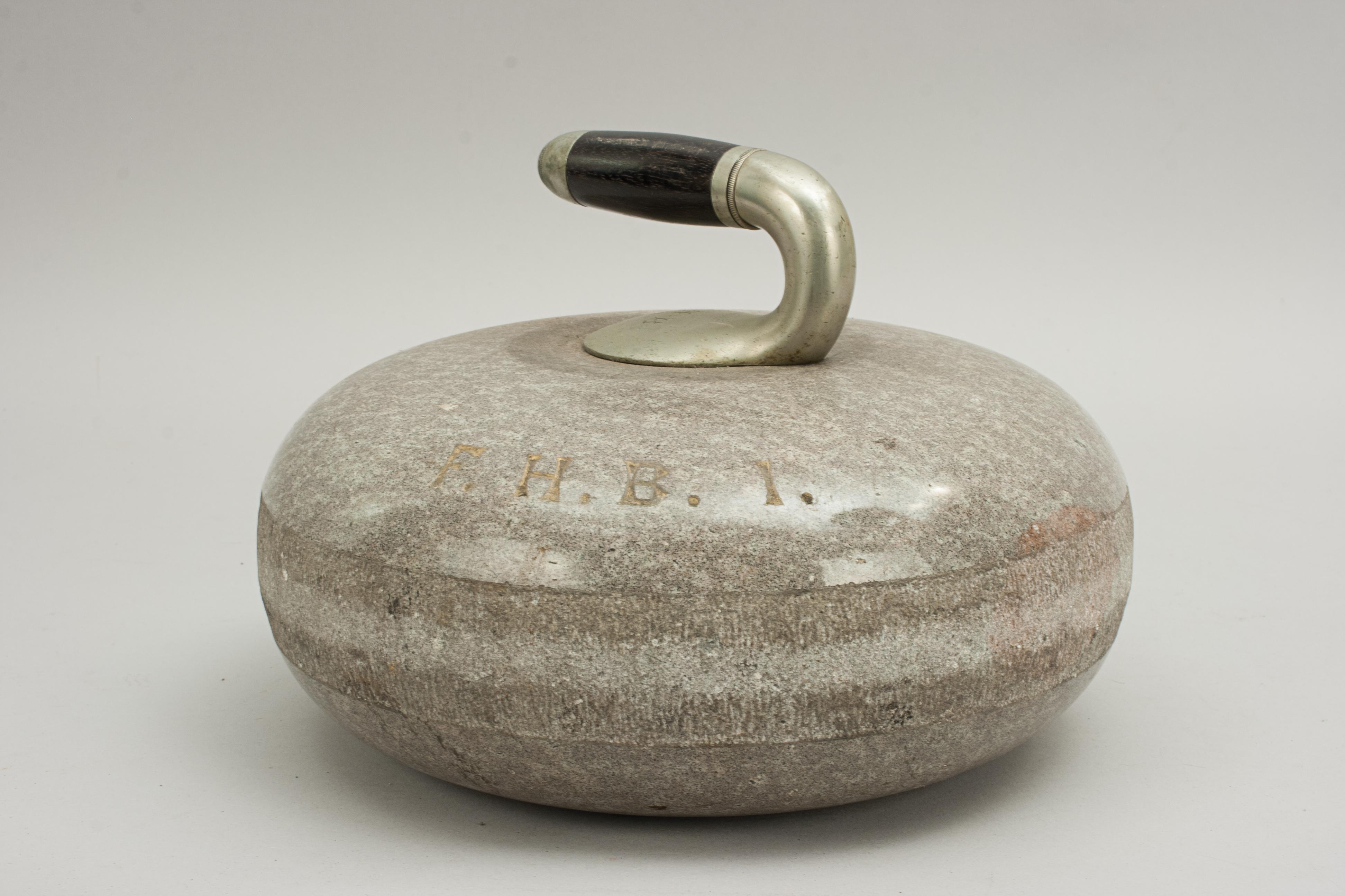 Antique Curling Stone in Wicker Basket 1