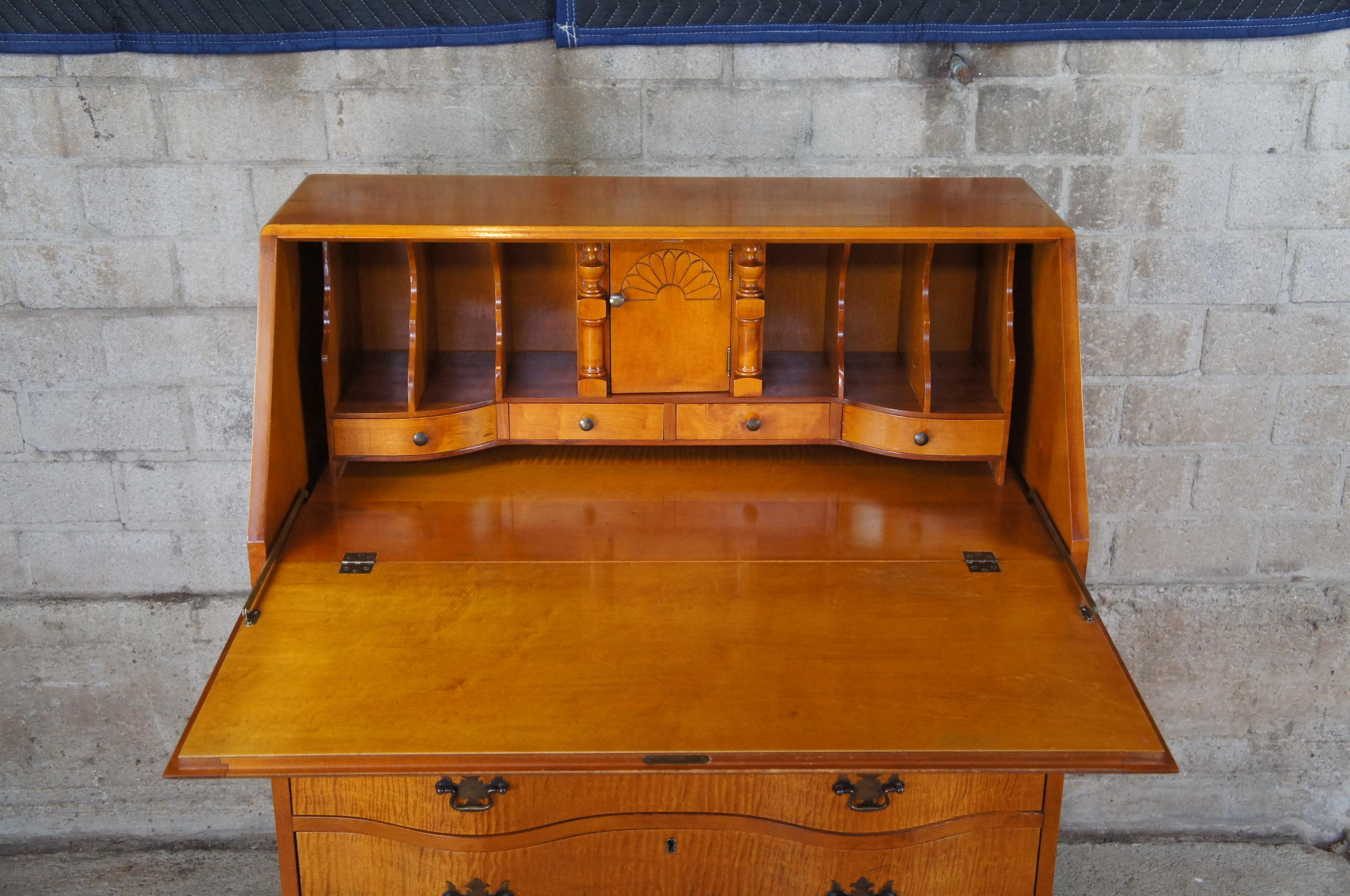 Antique Curly Maple Chippendale Serpentine Oxbow Secretary Writing Desk Claw 4