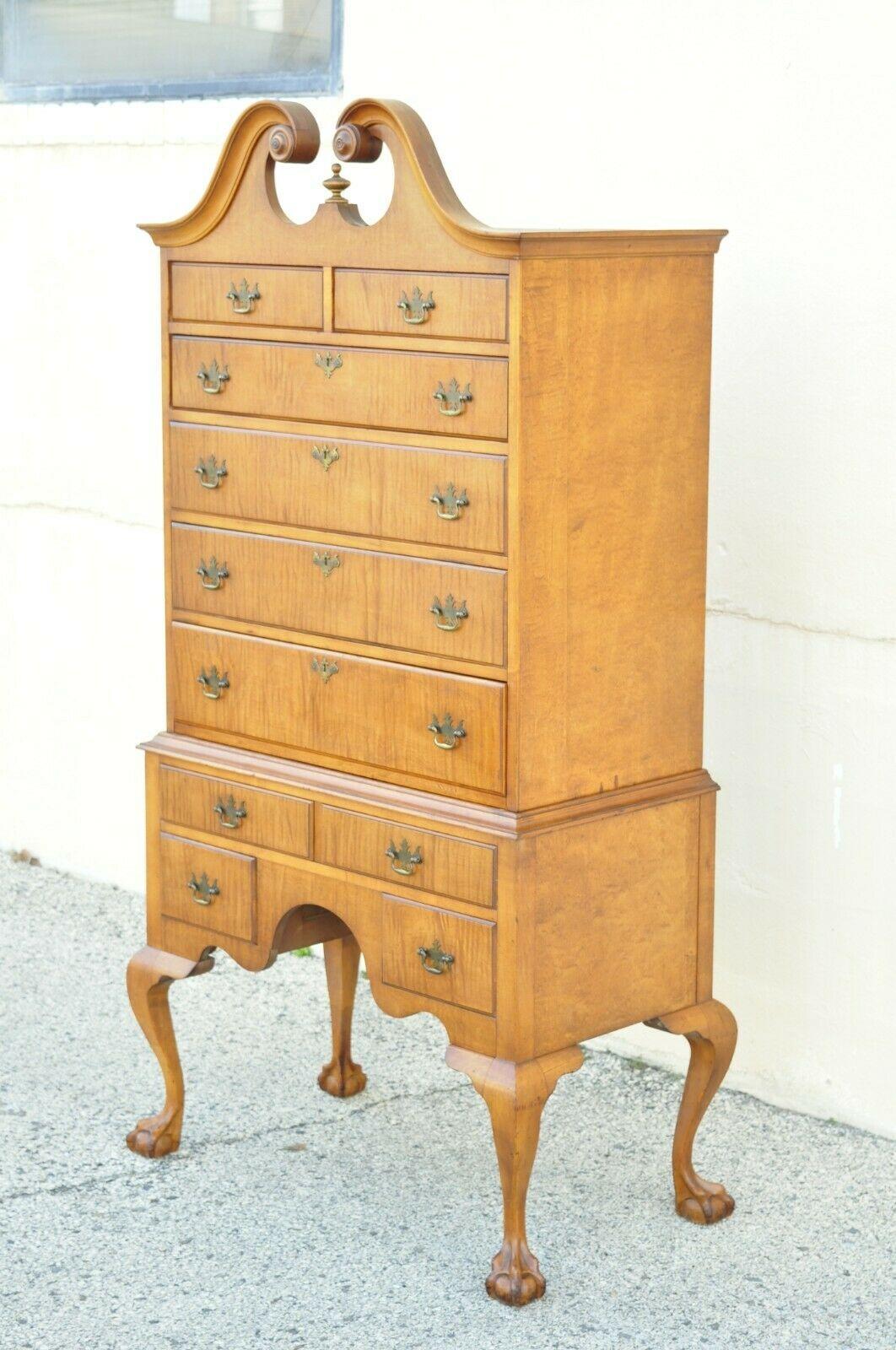 Antique curly tiger maple chippendale style highboy fall front secretary desk dresser. Item features a beautiful woodgrain, nicely carved details, no key, but unlocked, 8 dovetailed drawers, carved ball and claw feet, solid brass hardware, quality