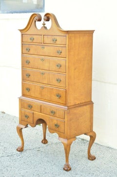 Antique Curly Tiger Maple Chippendale Highboy Fall Front Secretary Desk Dresser