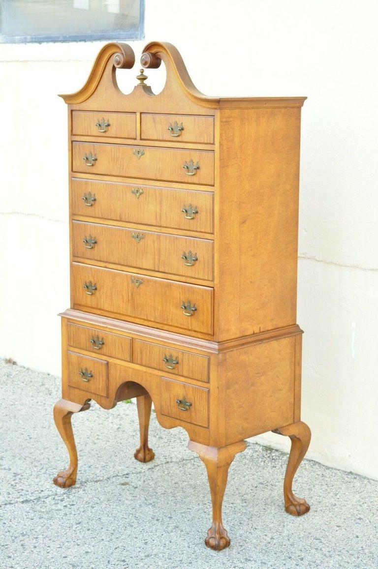 Antique Curly Tiger Maple Chippendale Highboy Fall Front Secretary Desk
