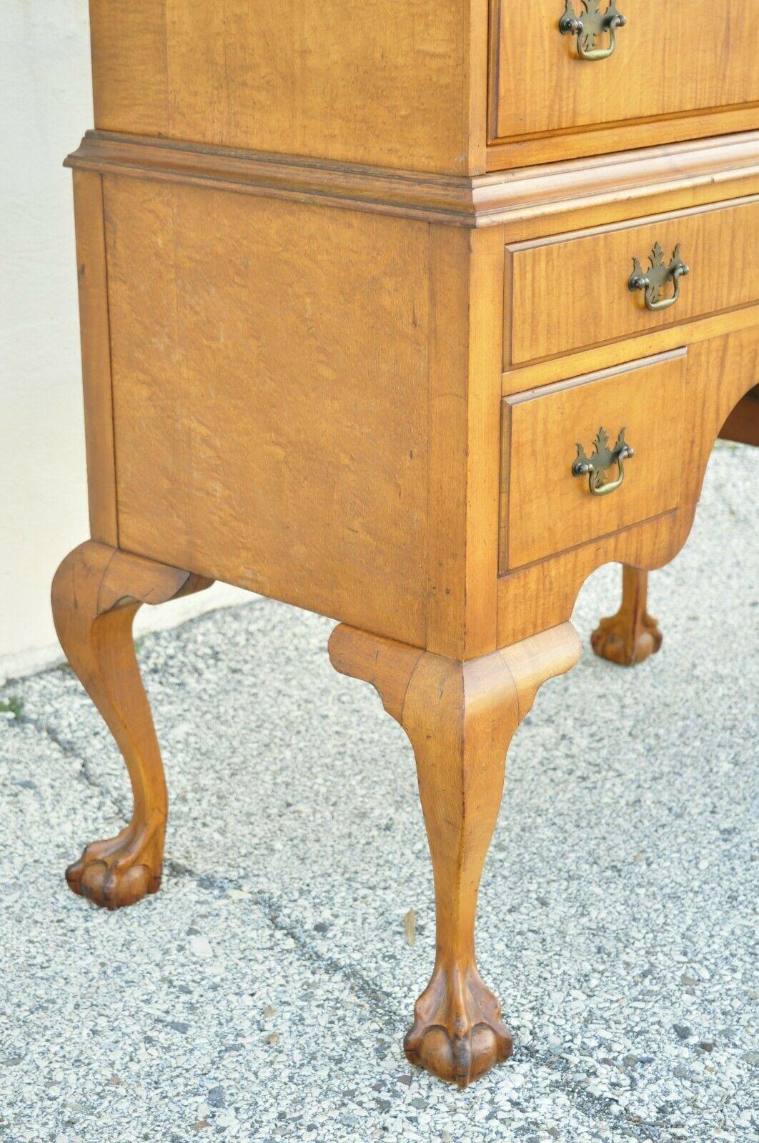 Antique Curly Tiger Maple Chippendale Highboy Fall Front Secretary Desk Dresser 3