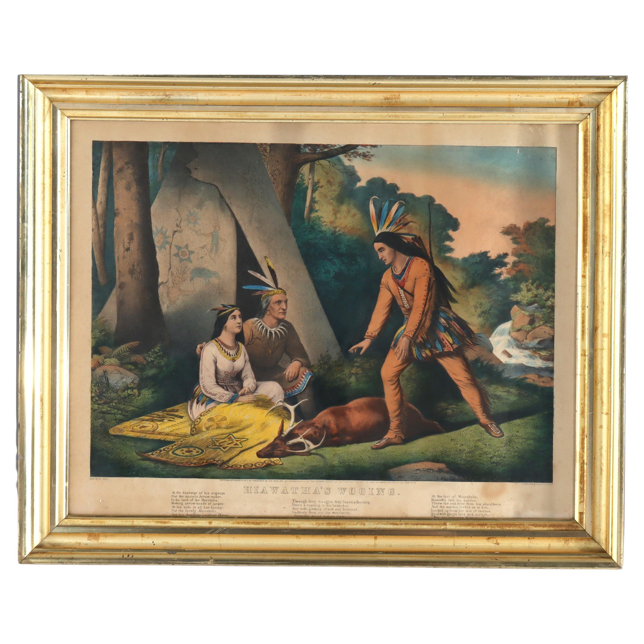 Lithographie ancienne de Currier
Ives "Hiawatha
s Wooing" c1860, teintée à la main