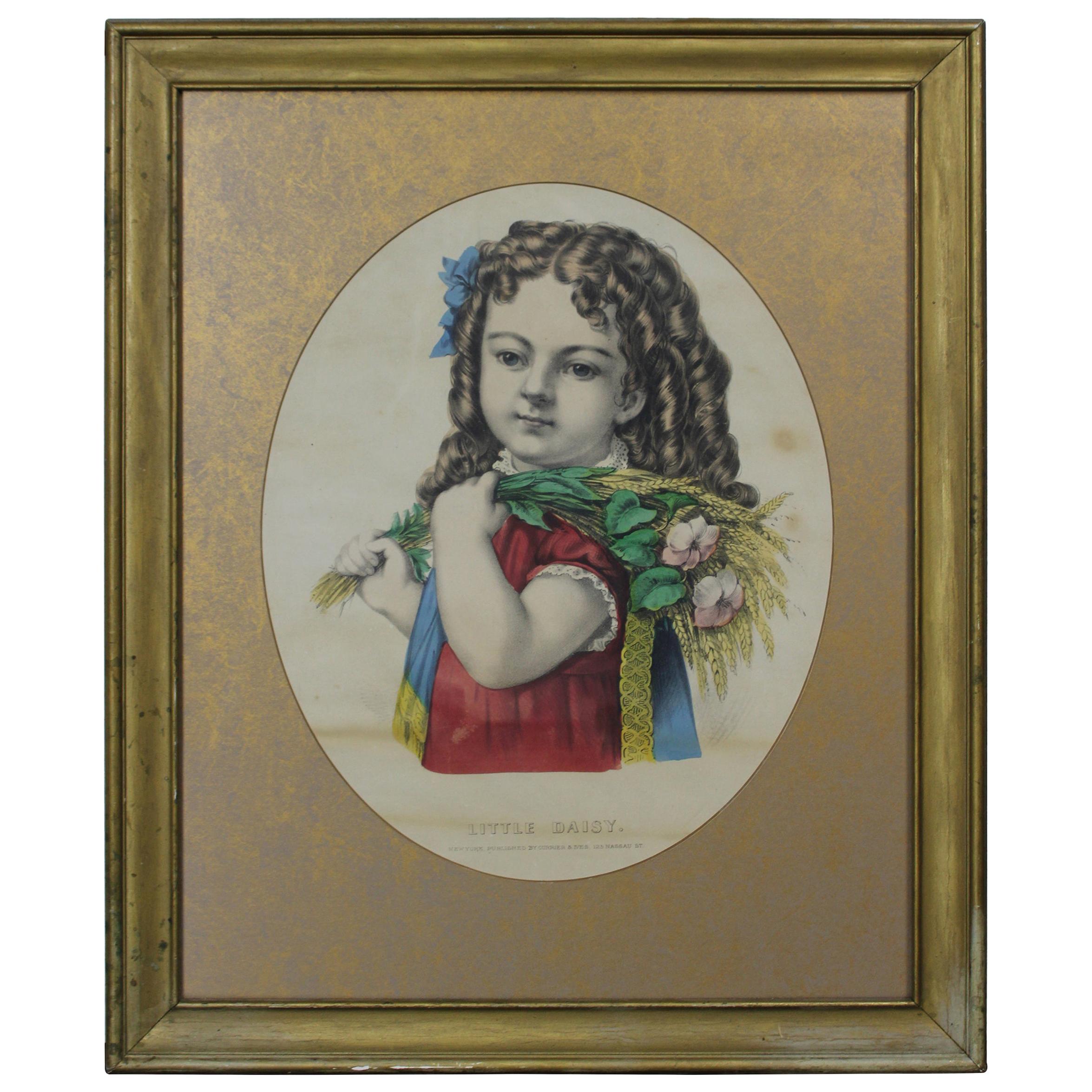 Antique Currier & Ives Little Daisy Lithograph Victorian Girl Flowers Gold