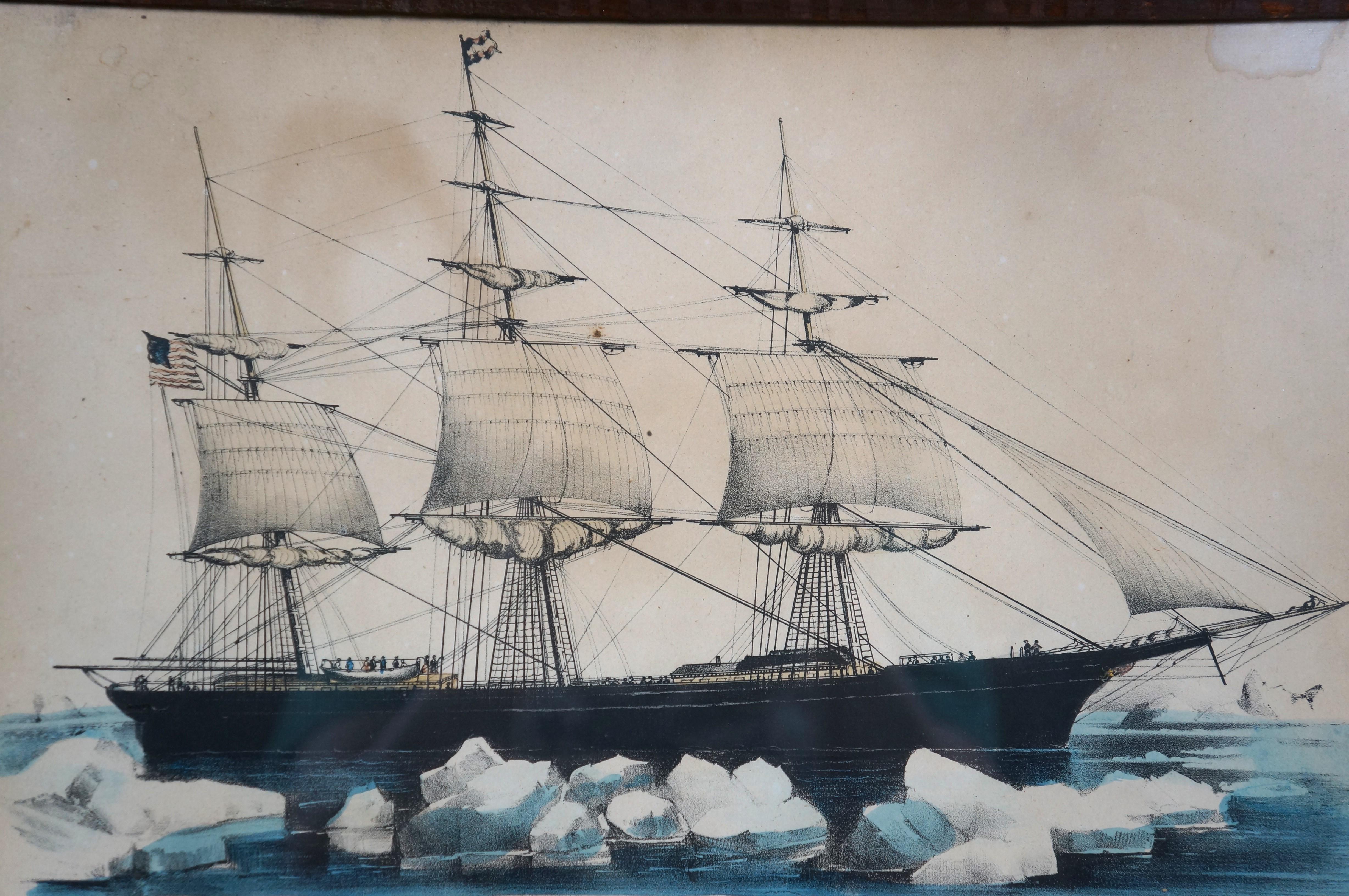 Antiguo Currier & Ives Náutica Marítima Clipper Litografías de barcos Marco de caoba en venta 3