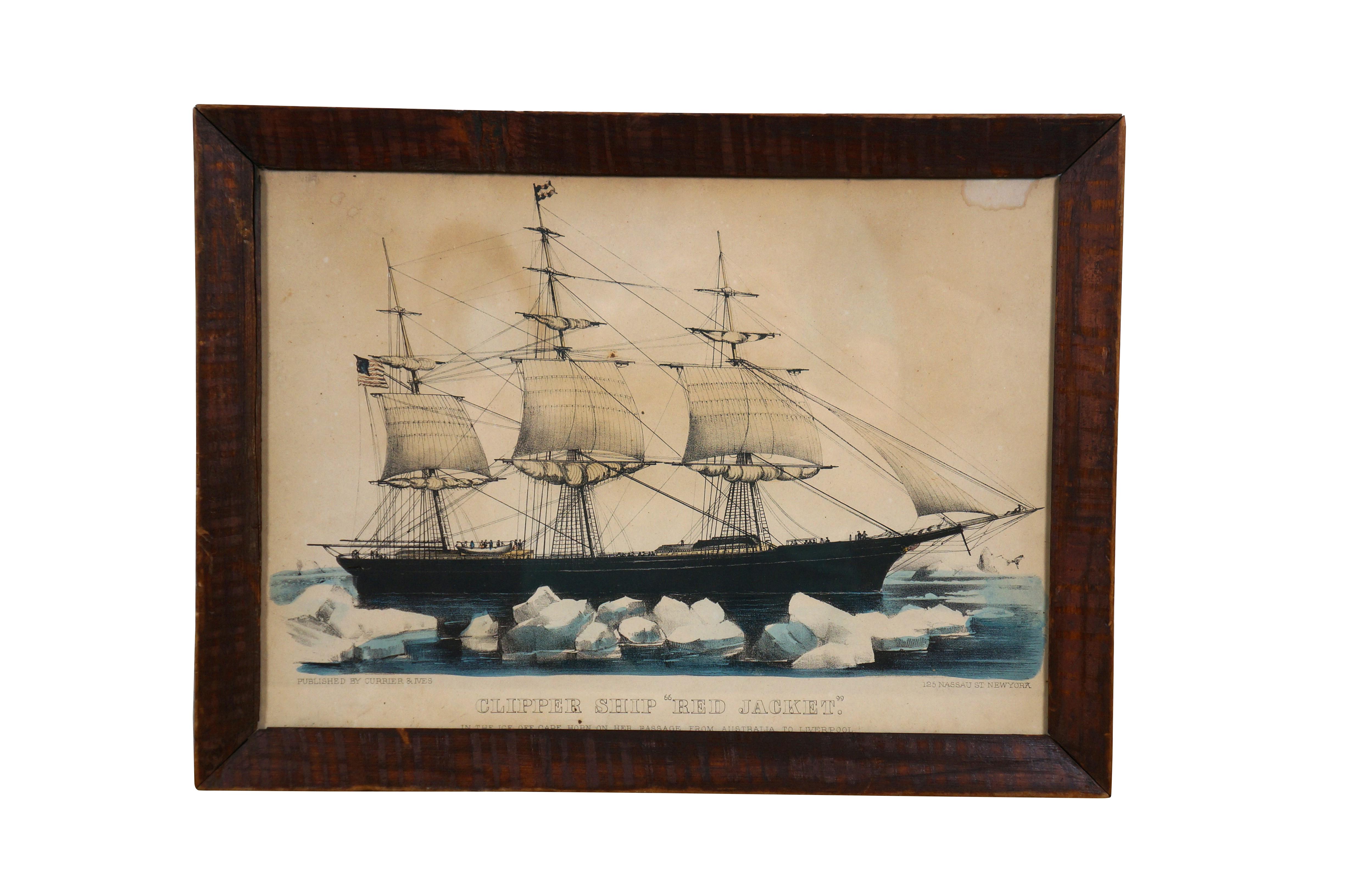 Antiguo Currier & Ives Náutica Marítima Clipper Litografías de barcos Marco de caoba Victoriano en venta