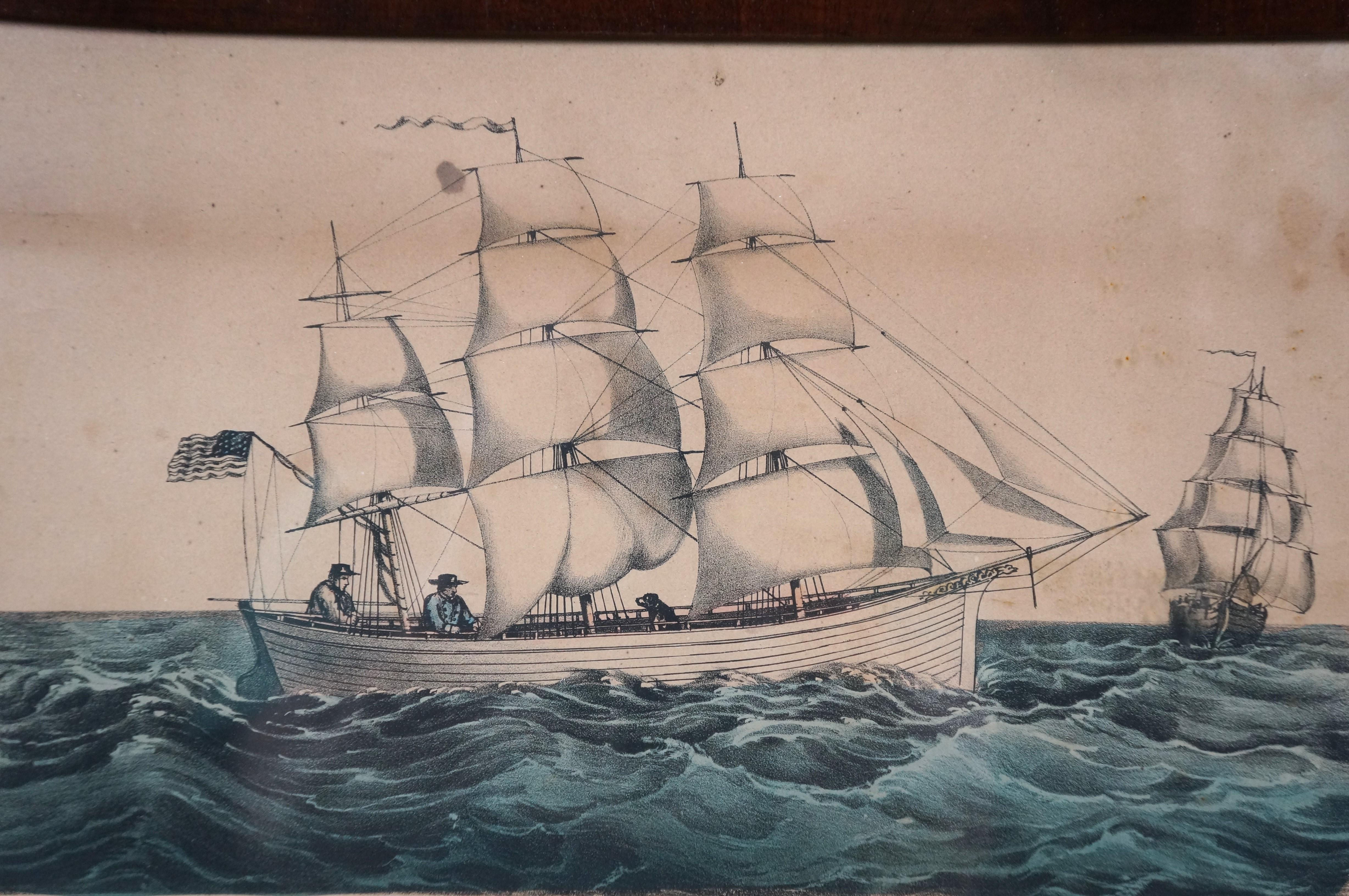 Antiguo Currier & Ives Náutica Marítima Clipper Litografías de barcos Marco de caoba Madera en venta